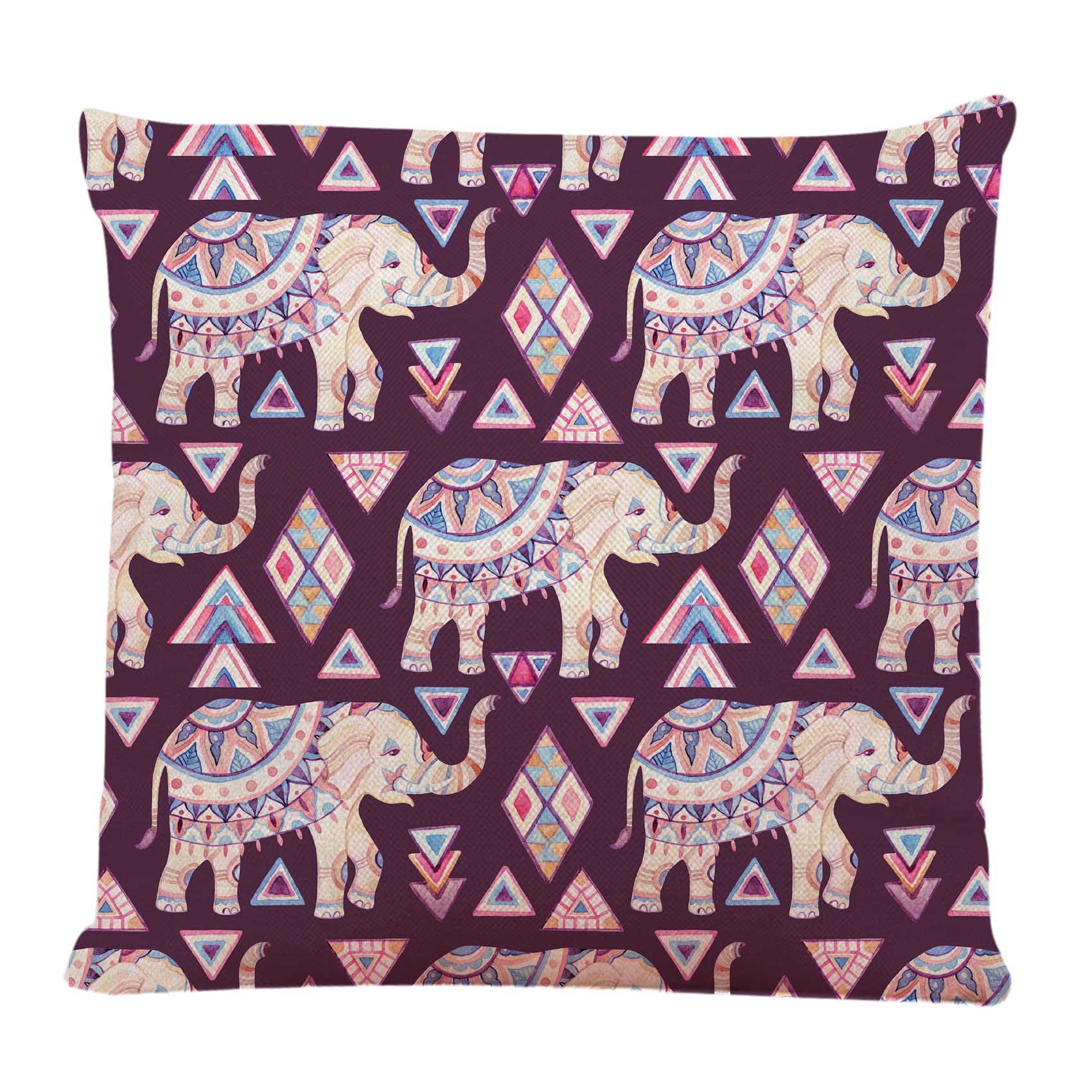 Watercolor Elephant Tribal Square Throw Pillow Covers 18x18 Inch - Decorative Cushion Cases for Sofa, Couch & Bed - Perfect for Boho Home Decor, Living Room Accents and Cozy Bedroom Styling