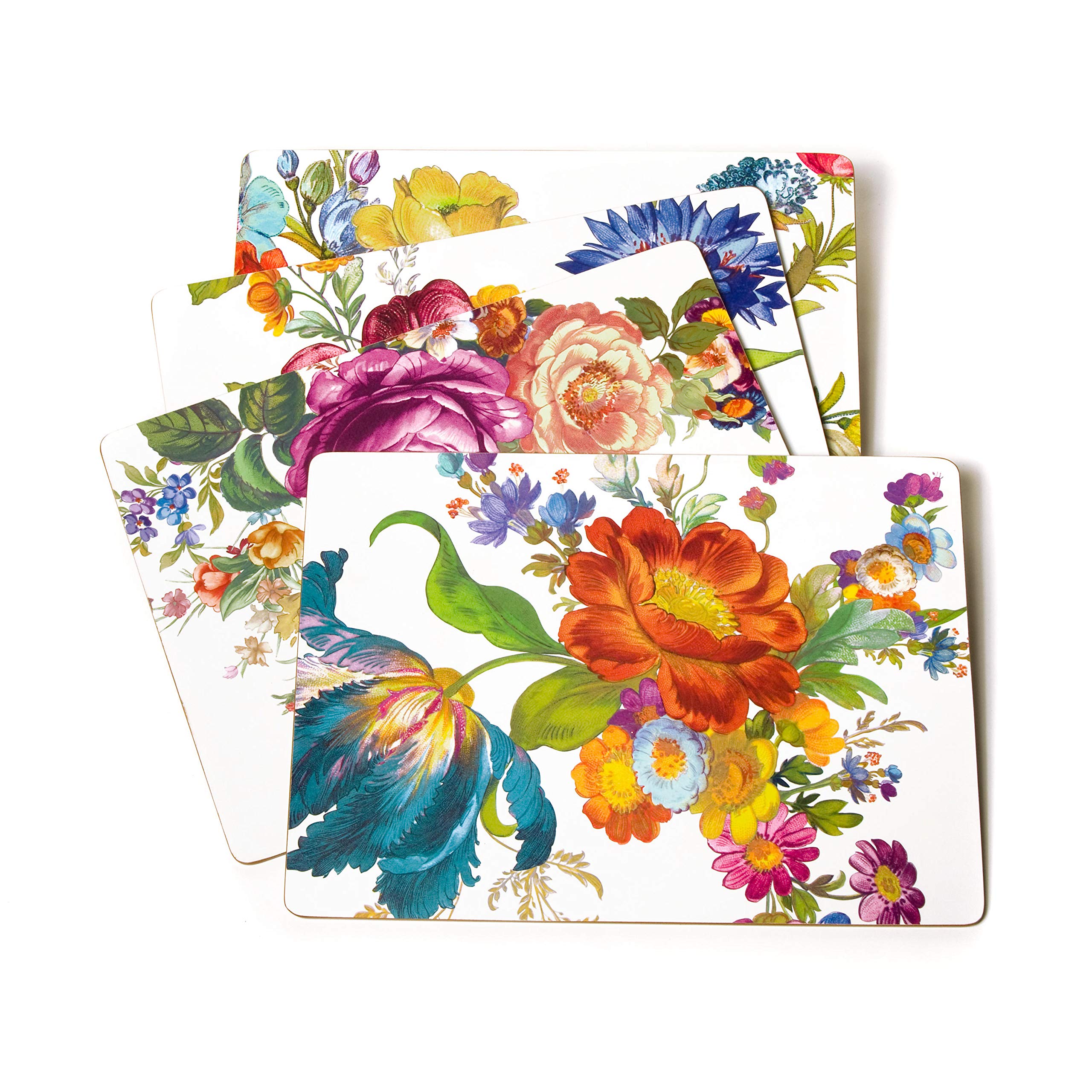 MACKENZIE-CHILDS Washable Cork-Back Placemats Set of 4 - White Flower Market Design, Durable Hard-Finish Table Mats for Dining, Kitchen, and Party Decor