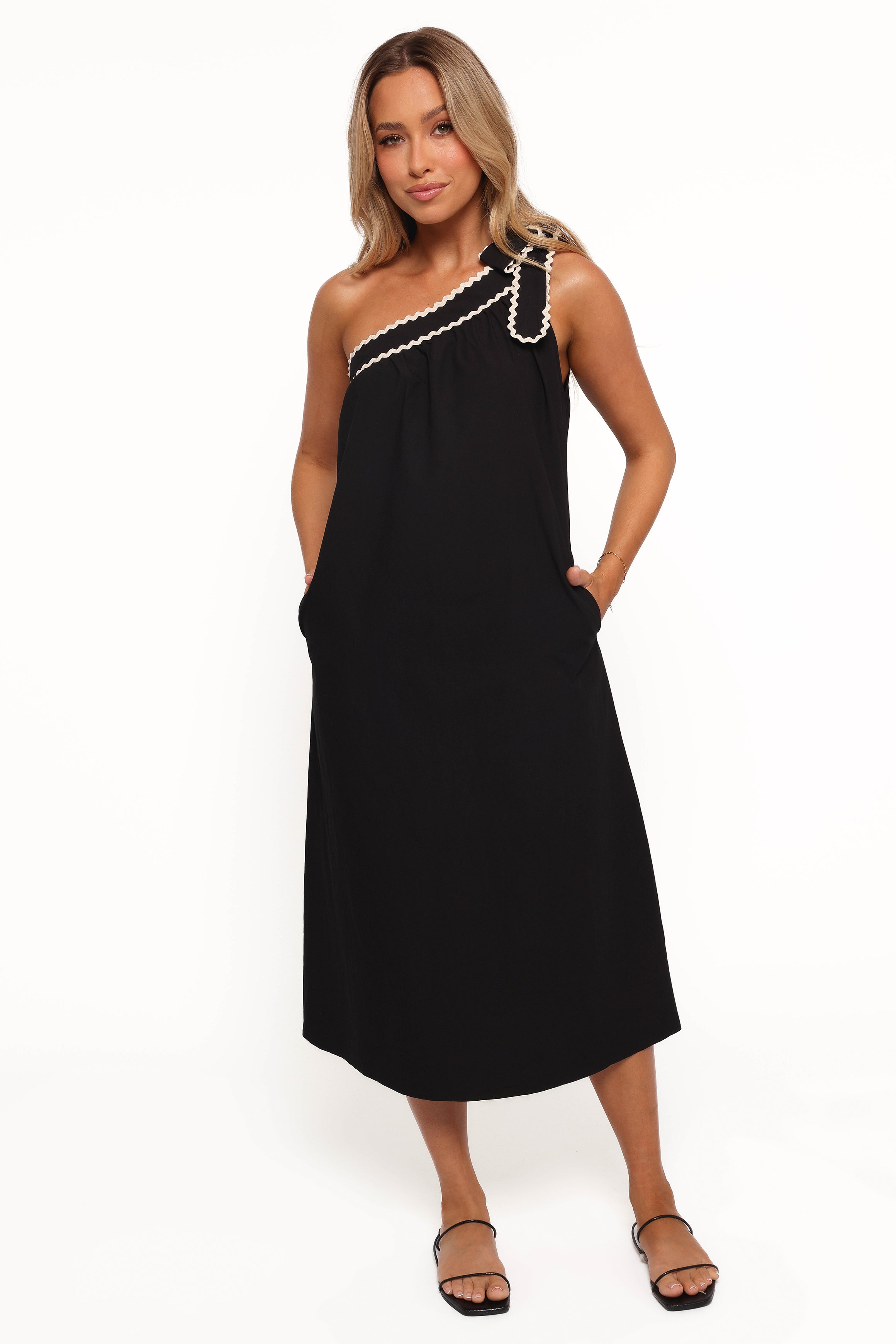Brynlee One Shoulder Midi Dress - Elegant Black & Cream Formal Evening Gown for Women | Perfect for Cocktail Parties, Weddings & Special Occasions