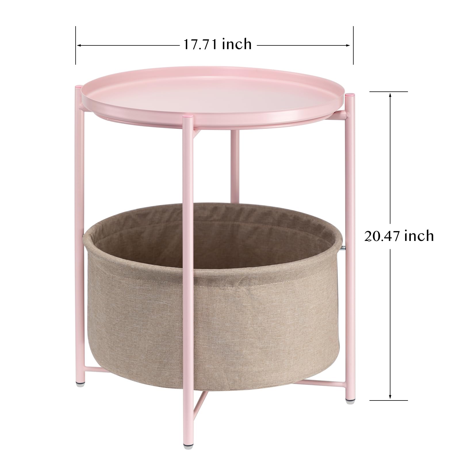 Round Side Table with Fabric Storage Basket - Small Metal Bedside Nightstand with Removable Tray Top - Perfect for Living Room, Bedroom, Nursery & Laundry - Light Pink Home Decor Accent Table