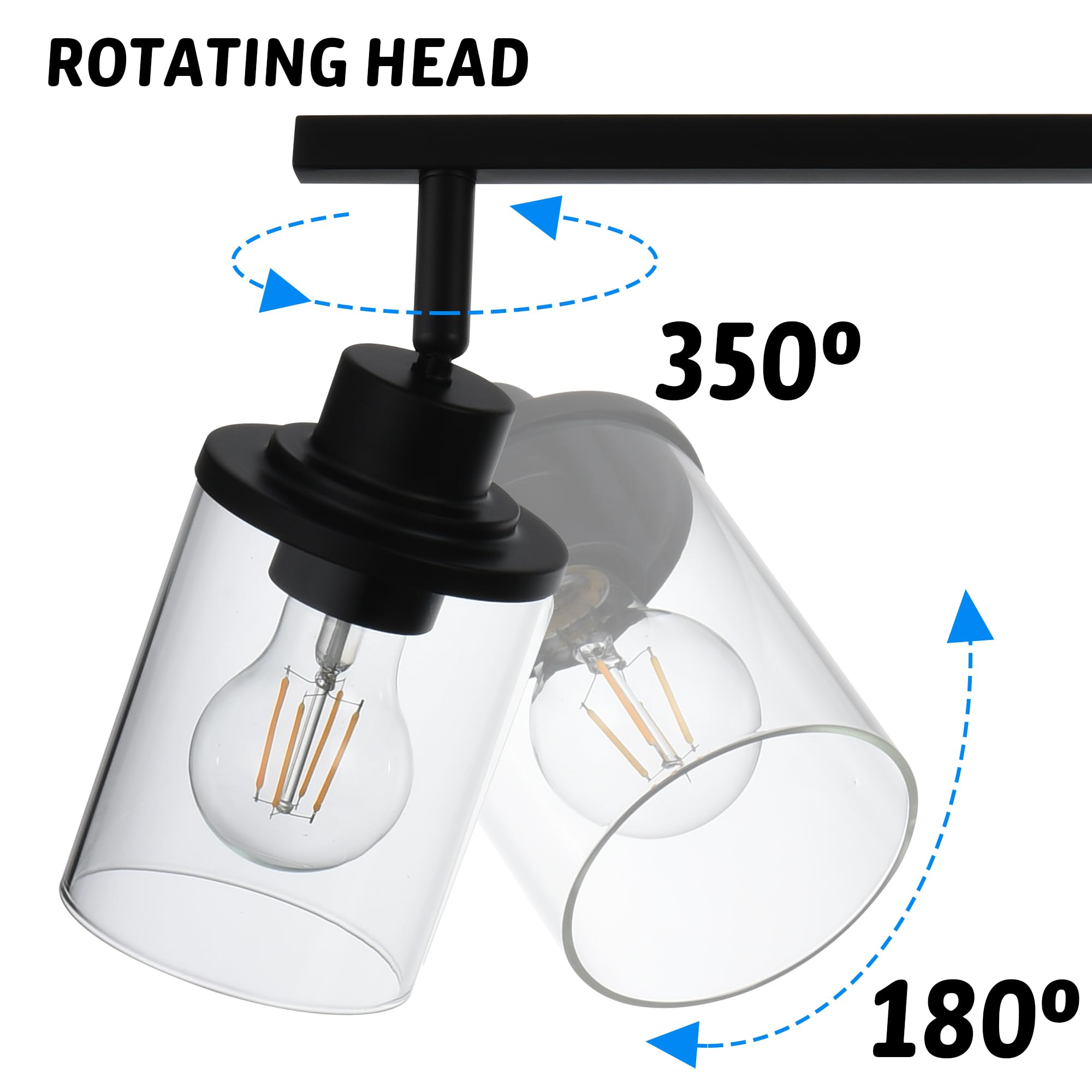 4-Light Adjustable Ceiling Fixture - Modern Black Track Lighting Kit with Rotatable Heads & Clear Glass Shades, E26 Base - Perfect for Bathroom, Kitchen, Hallway & Bedroom Lighting