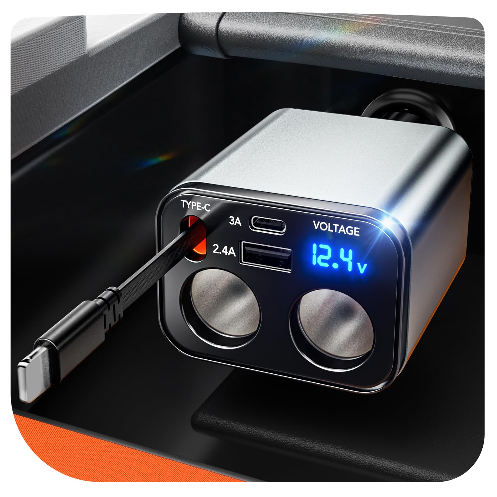 4-in-1 Fast Car Phone Charger with 159W Power & Retractable Cables - Compatible with iPhone 14 Pro Max/14 Pro/14 Plus/13 Pro Max & AirPods (1/2/3/4) - Includes 2-Port Cigarette Lighter Splitter - Perfect for Road Trips, Commuting & Long Drives