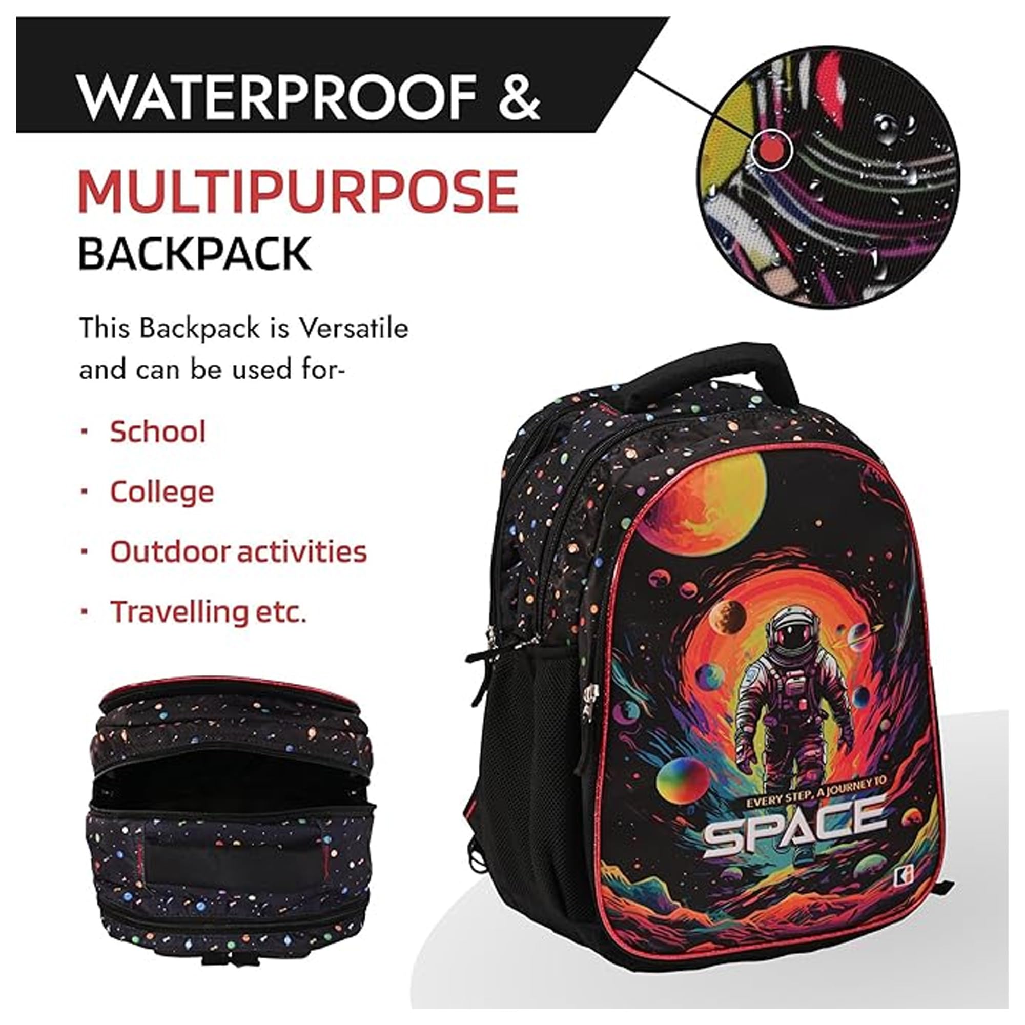 Kuber Industries Space Themed School Backpack - 4 Compartment Water Resistant Bookbag for College & High School | Durable Daypack for Boys & Teens | Perfect for School, Travel & Outdoor Adventures | Black