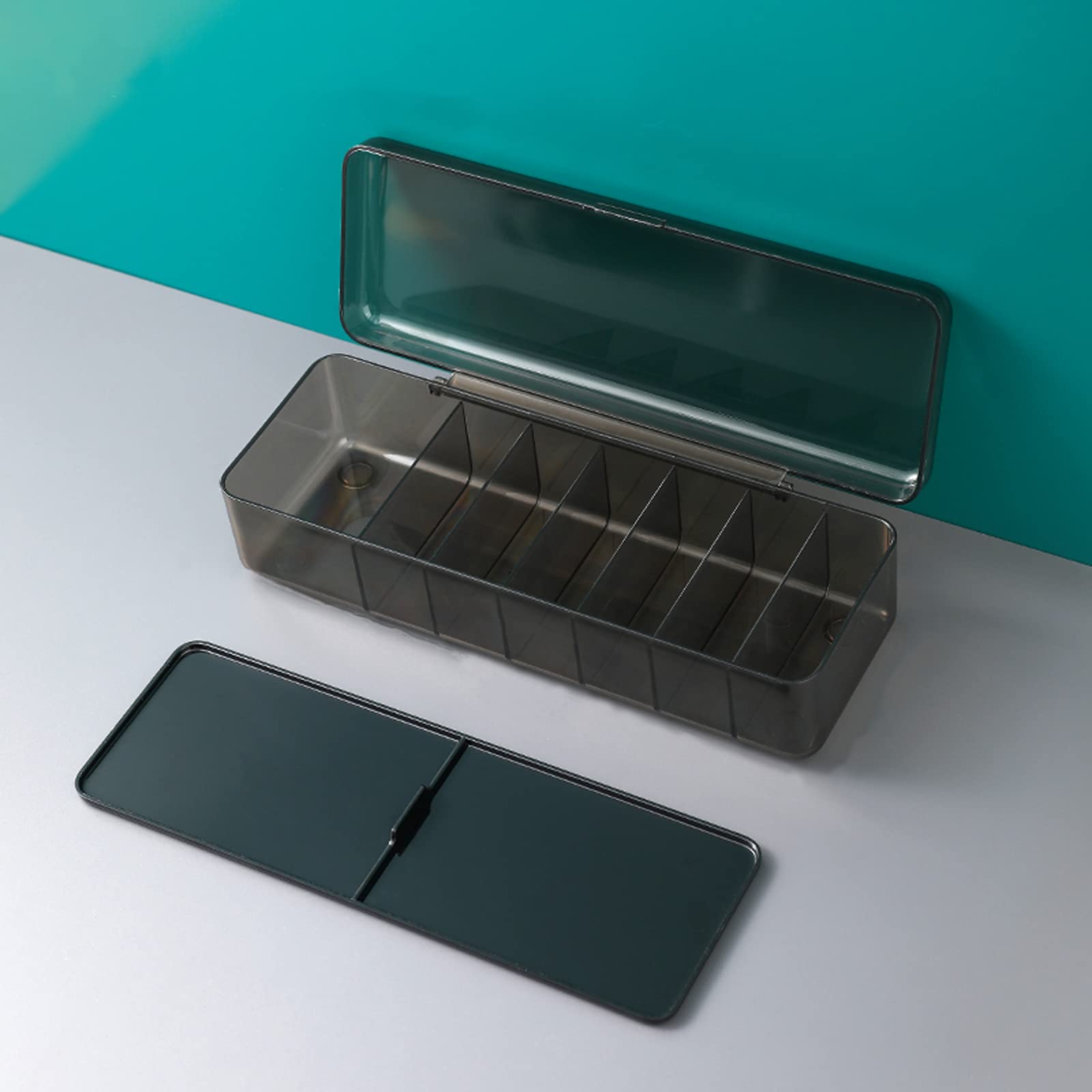 HLTER Clear Plastic Data Cable Management Box with 7 Compartments & Lid - Power Cord Organizer for Electronics, Desk Accessories, and Stationery Supplies - Perfect for Office, Home, and Workspace Organization