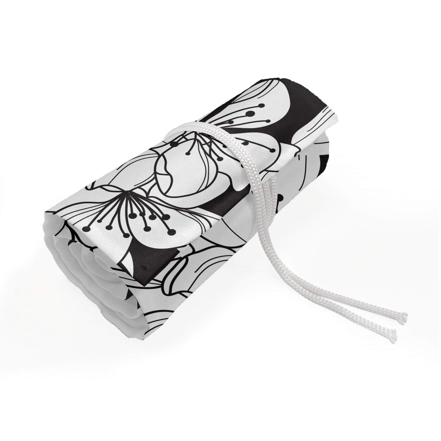 Ambesonne Floral Roll Up Pencil Holder - Vintage Cherry Blossom Design for Artists & Students, 48 Loop Organizer (Charcoal Grey/White) | Perfect for Drawing, Painting, Office & School Supplies Storage