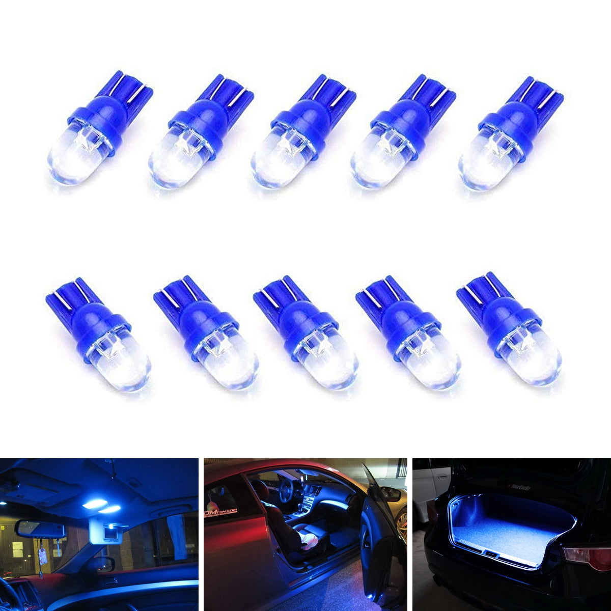 10 Pack Blue LED Bulbs 168 175 194 2825 W5W T10 - Super Bright Car Interior Lights for Dome, Map, License Plate & Dashboard Lighting