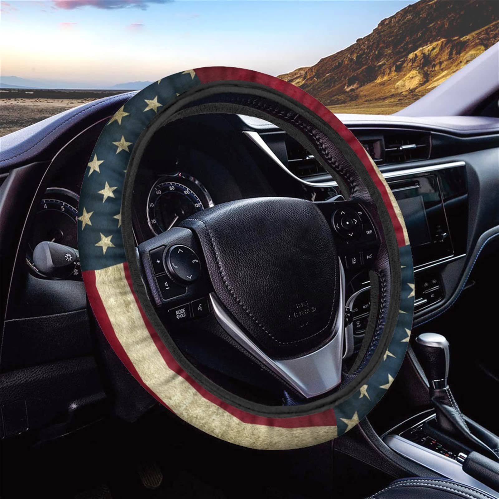American Flag Design Non-Slip Steering Wheel Cover - Universal 14-15 Inch Fit for Most Cars | Elastic, Sweat-Absorbent & Protective | Perfect for Road Trips, Patriotic Decor & Daily Commute