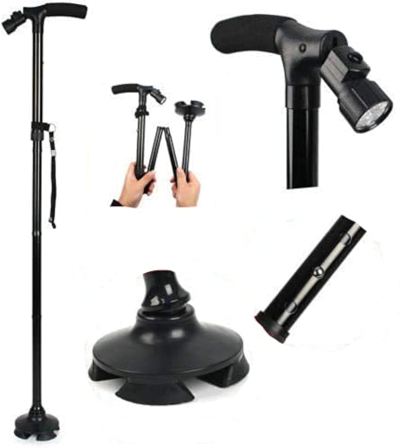 Adjustable Non-Slip Folding Walking Cane with LED Light - Free Standing Base for Seniors & Hiking - Lightweight Support for Outdoor Activities, Travel & Daily Use