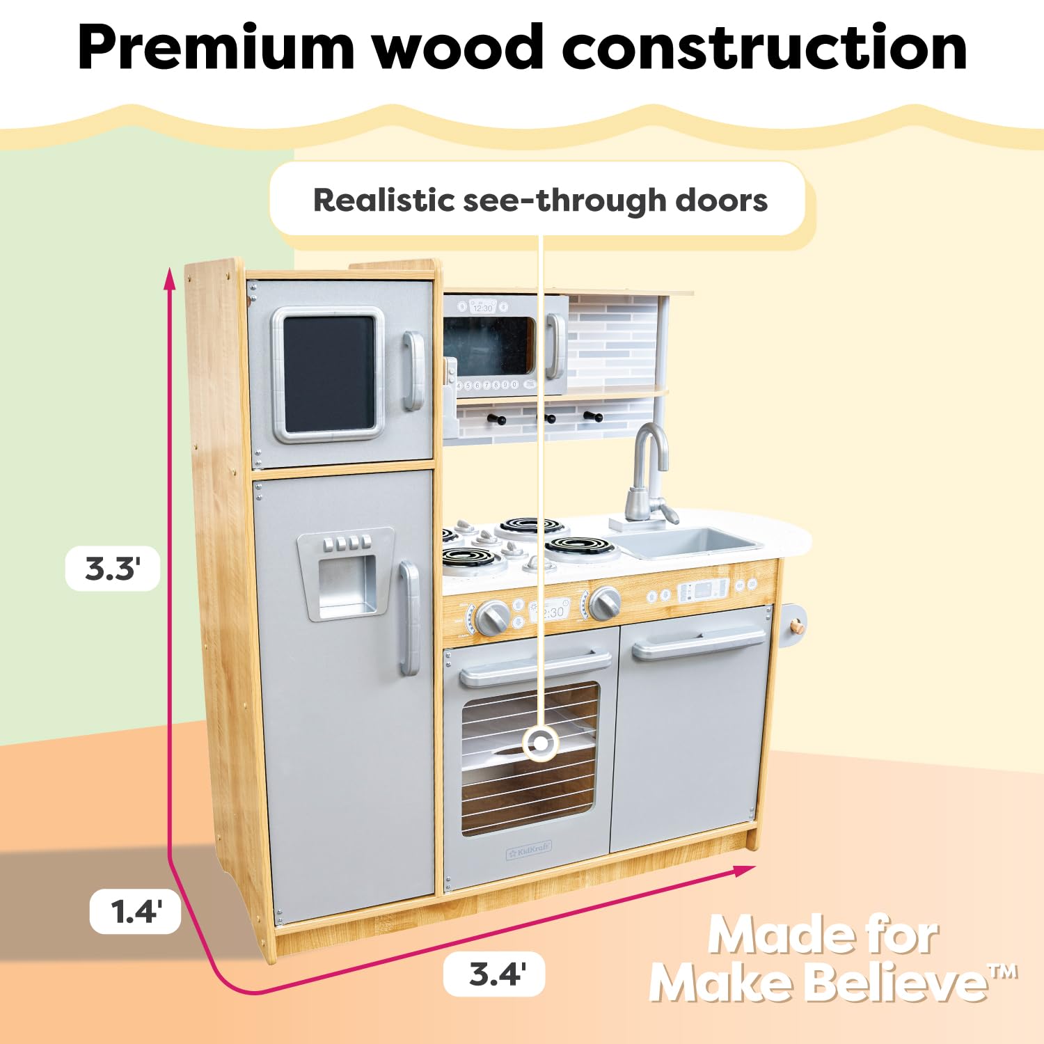 KidKraft Uptown Natural Wooden Play Kitchen Set with Play Phone, Chalkboard & Towel Rack - Pretend Cooking Toy for Kids Ages 3+ | Perfect for Imaginative Play, Preschool Learning & Birthday Gifts