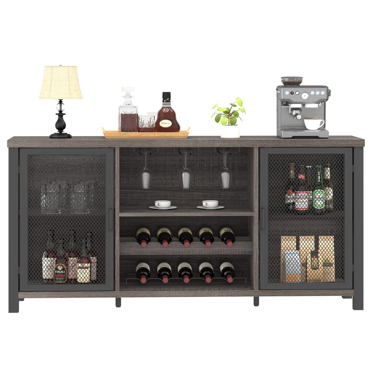 Industrial Wine Bar Cabinet - Rustic Sideboard Buffet with Storage for Liquor, Glasses & Coffee Bar | Dark Grey Oak 55