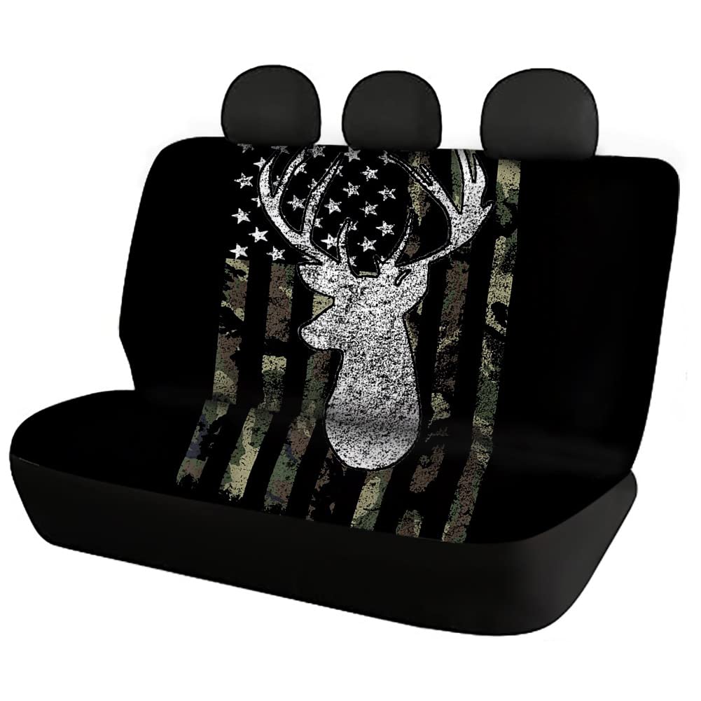 FKELYI Universal Car Back Seat Covers Set of 2 - American Flag Army Green Camo Design for Deer Hunting & Outdoor Adventures | Waterproof & Durable Rear Bench Protector for Trucks, SUVs & Sedans | Perfect for Camping, Road Trips & Off-Roading