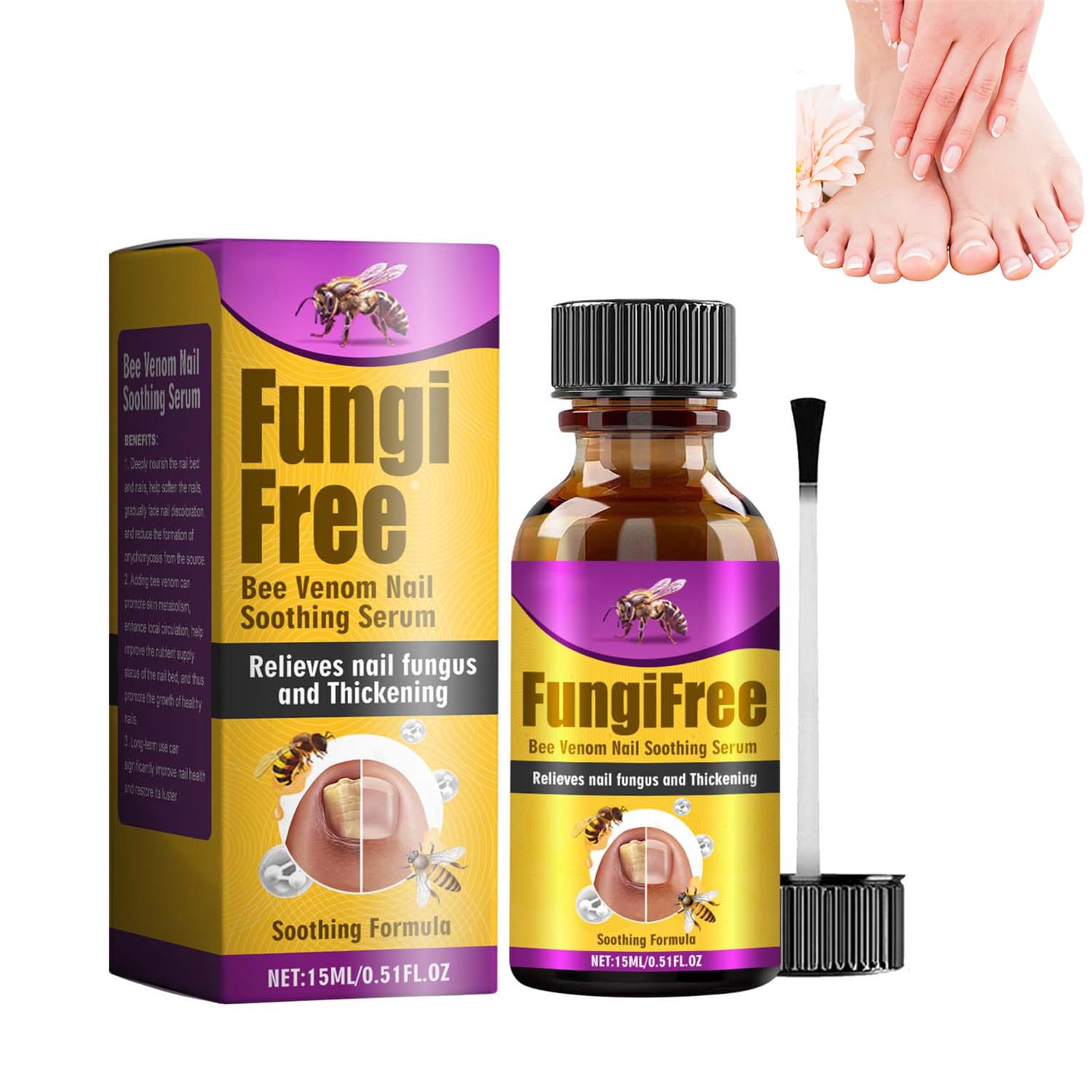 Bee Venom Nail & Foot Care Solution - Soothing Serum & Soft Nail Cream with Brush for Athlete's Foot, Thick Toenails, Cracked & Discolored Nails - 1pc - Perfect for Daily Foot Care & Nail Repair at Home