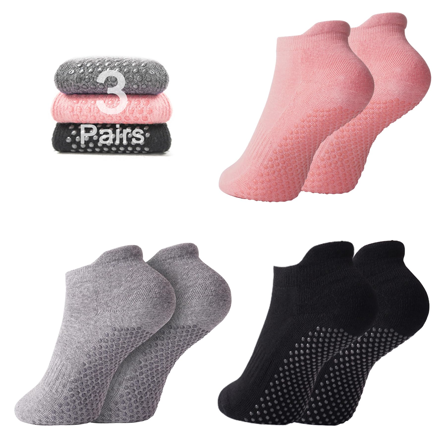 3 Pairs Non-Slip Grip Socks for Women - Anti-Skid Yoga, Pilates & Soccer Socks with Breathable Cotton - Perfect for Workout, Dance, Gym & Home Use