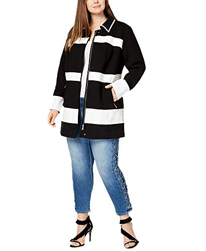 Plus Size Mixed Media Striped Jacket for Women - Deep Black 2X - Stylish Outerwear for Casual Wear & Office Outfits