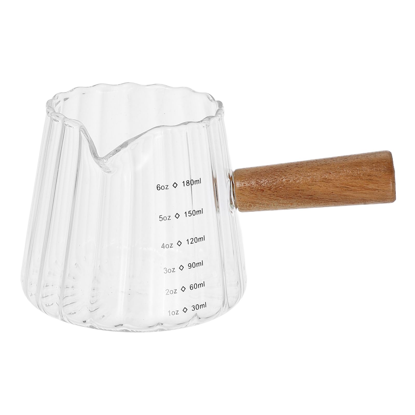 Kichvoe 180ML/6 OZ Espresso Shot Glass with Wood Handle - Glass Creamer for Coffee, Milk, Tea & Syrup - Frothing Pitcher & Baking Measuring Cup - Perfect for Latte Art, Barista Use & Home Coffee Brewing
