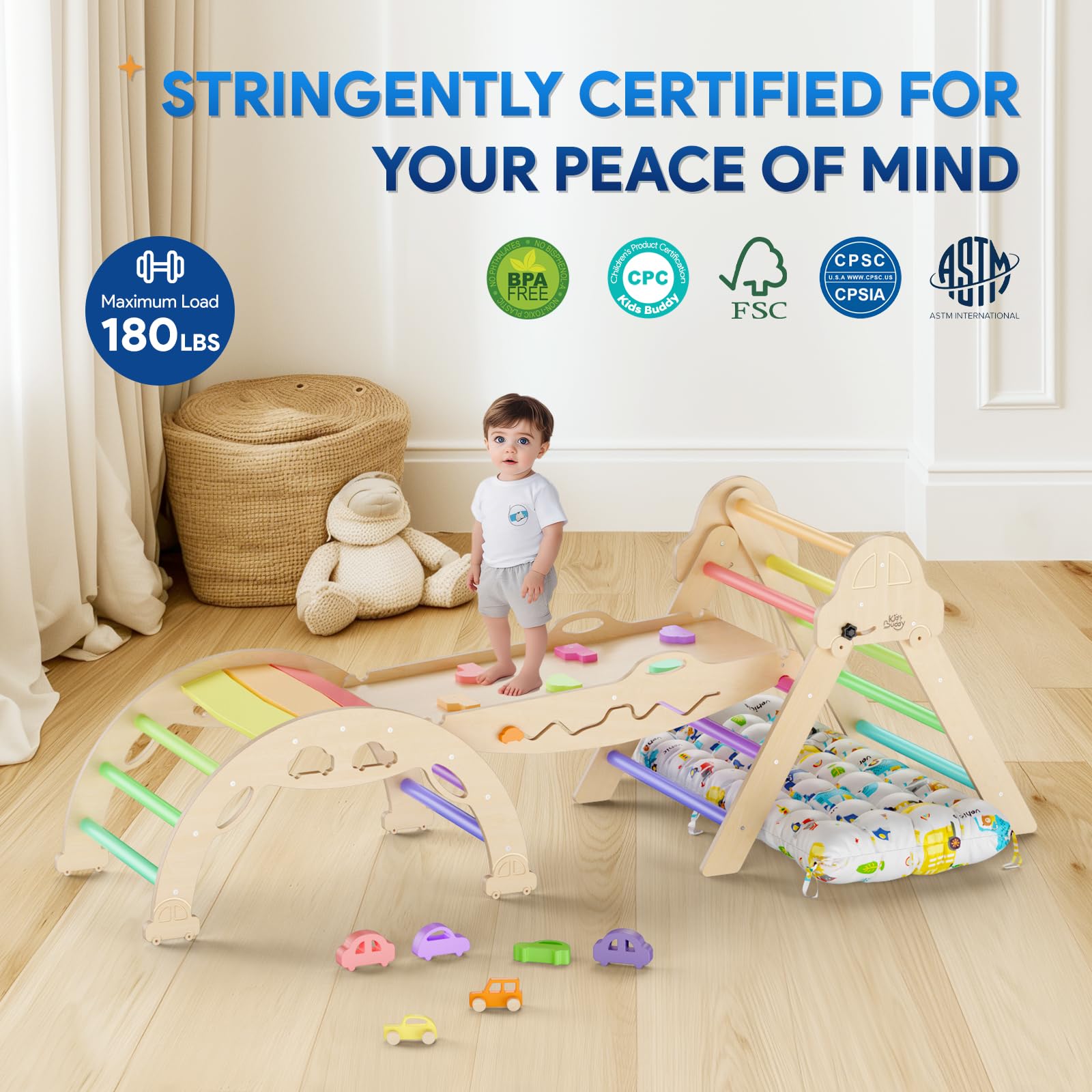 Foldable Pikler Triangle Set with Cushion - 9-in-1 Montessori Climbing Toys for Toddlers 1-3 Years | Indoor Wooden Play Gym with Maze, Shape Sorter & Car Toys | Perfect for Home Playrooms, Daycares & Montessori Learning Spaces