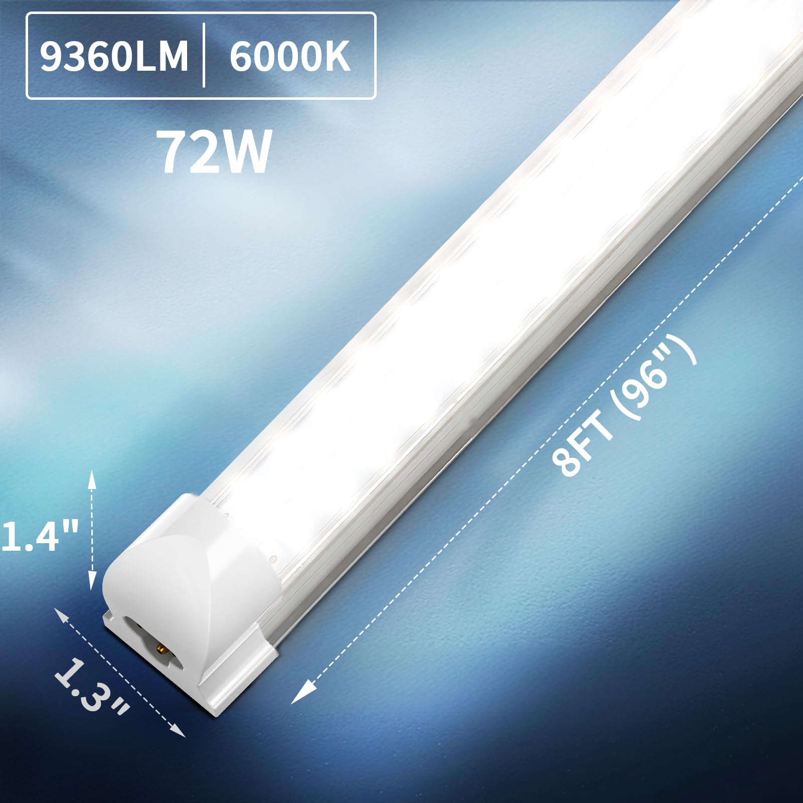 SHOPLED 8FT LED Shop Light - 72W 9360LM 6000K Cool White Ceiling Fixture, T8 LED Tube Light for Garage, Warehouse & Workshop (4 Pack) - Bright Lighting Solution for Industrial Spaces & Home Garages