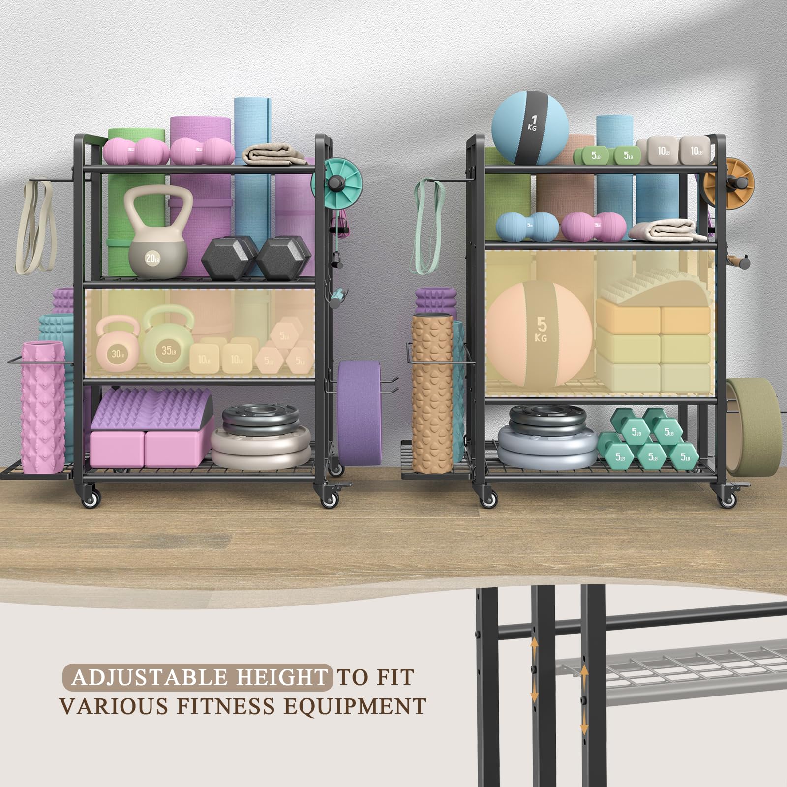 4-Tier Heavy Duty Dumbbell Rack Stand - 600LB Capacity Adjustable Weight Storage for Dumbbells & Kettlebells - Home Gym Equipment with Wheels & Hooks - Powder Coated Steel - Perfect for Garage, Basement & Home Workout Spaces