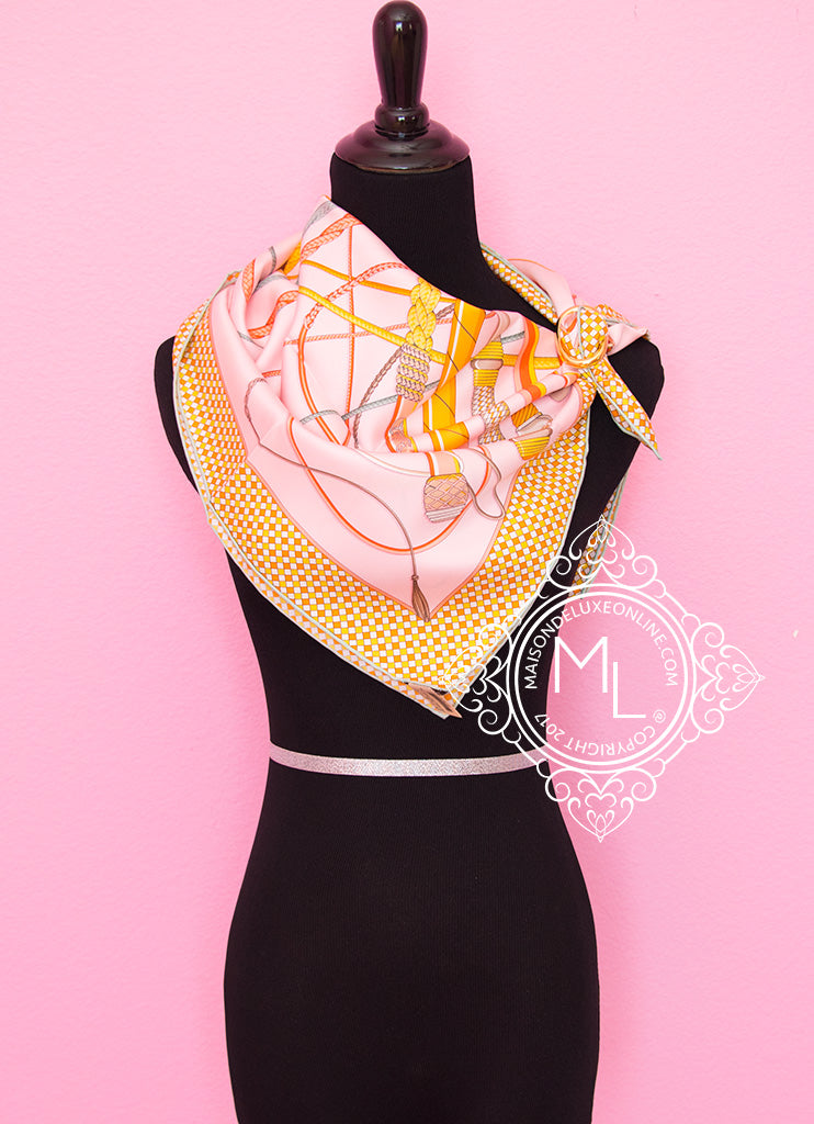 Authentic Hermès Peach Twilly Silk Scarf 90cm - Fouets et Badines Design - Perfect for Gift Giving & Luxury Fashion Accessories