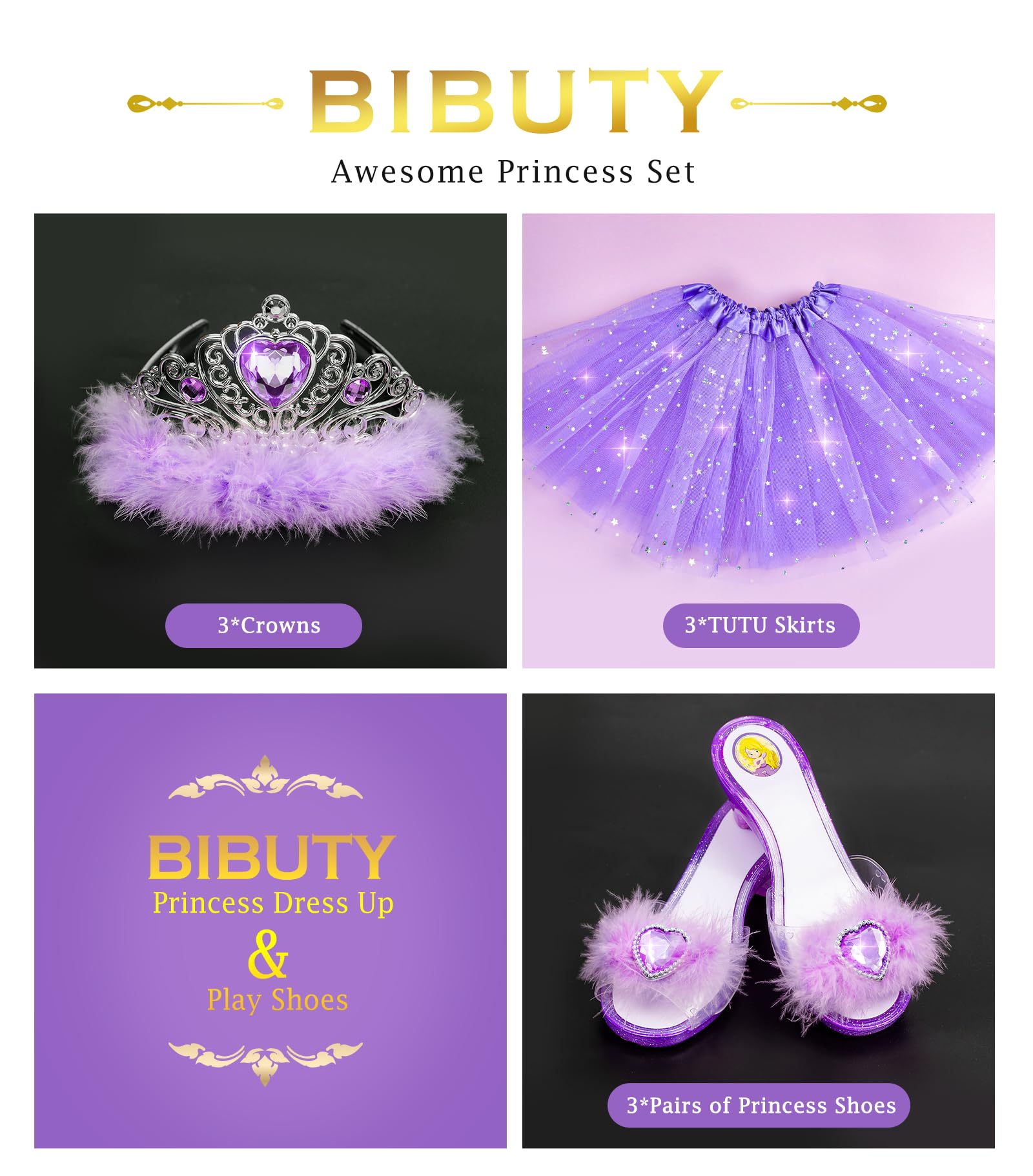 **Royal Princess Dress Up Set for Girls - 3 Costume Outfits with Shoes, Dresses & Crowns | Pretend Play, Birthday Gift for 3-6 Year Olds | Perfect for Dress-Up Parties, Role Play & Fantasy Adventures**