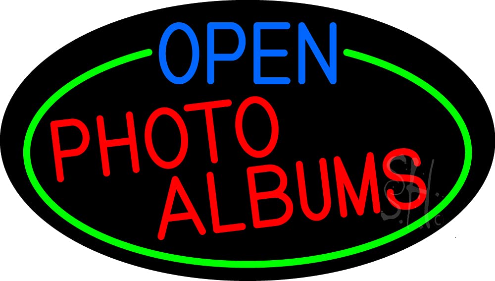 13x24 Inches Open Photo Albums Oval Green Border LED Neon Sign with Dimmer - Black Square Cut Acrylic Backing - Bright Premium Indoor Art Lighting for Galleries, Exhibitions & Home Décor