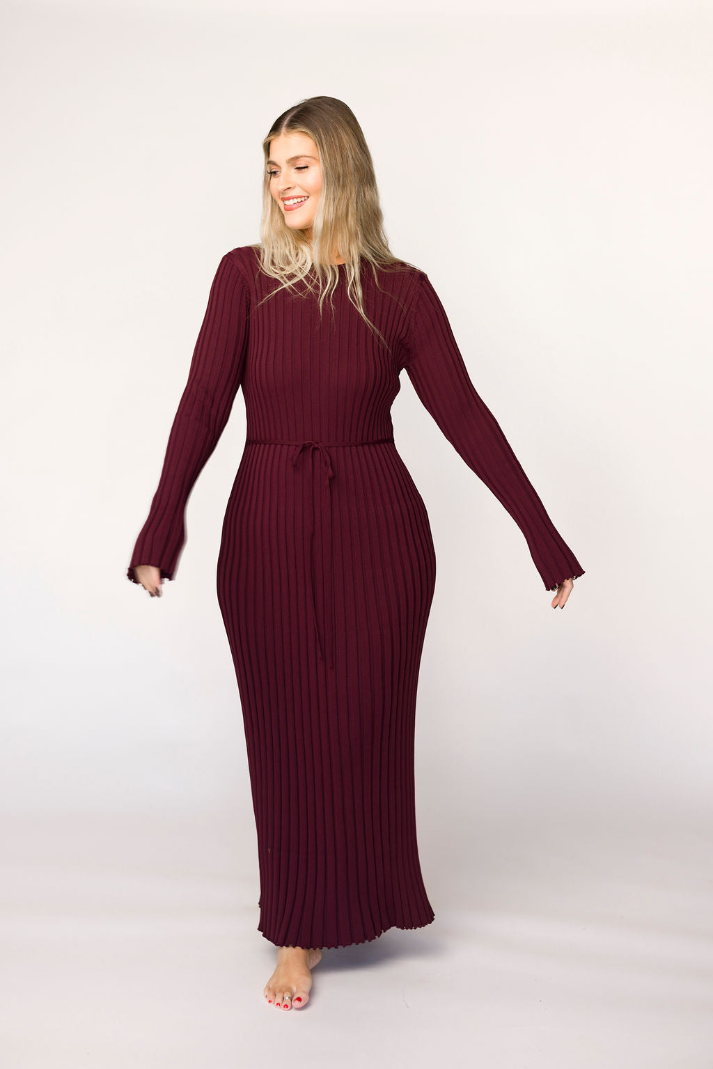 Colette Premium Long Sleeved Ribbed Knit Maxi Dress in Burgundy - Bump Friendly Maternity Dress for Pregnancy, Nursing & Postpartum - Perfect for Casual Wear, Office & Special Occasions