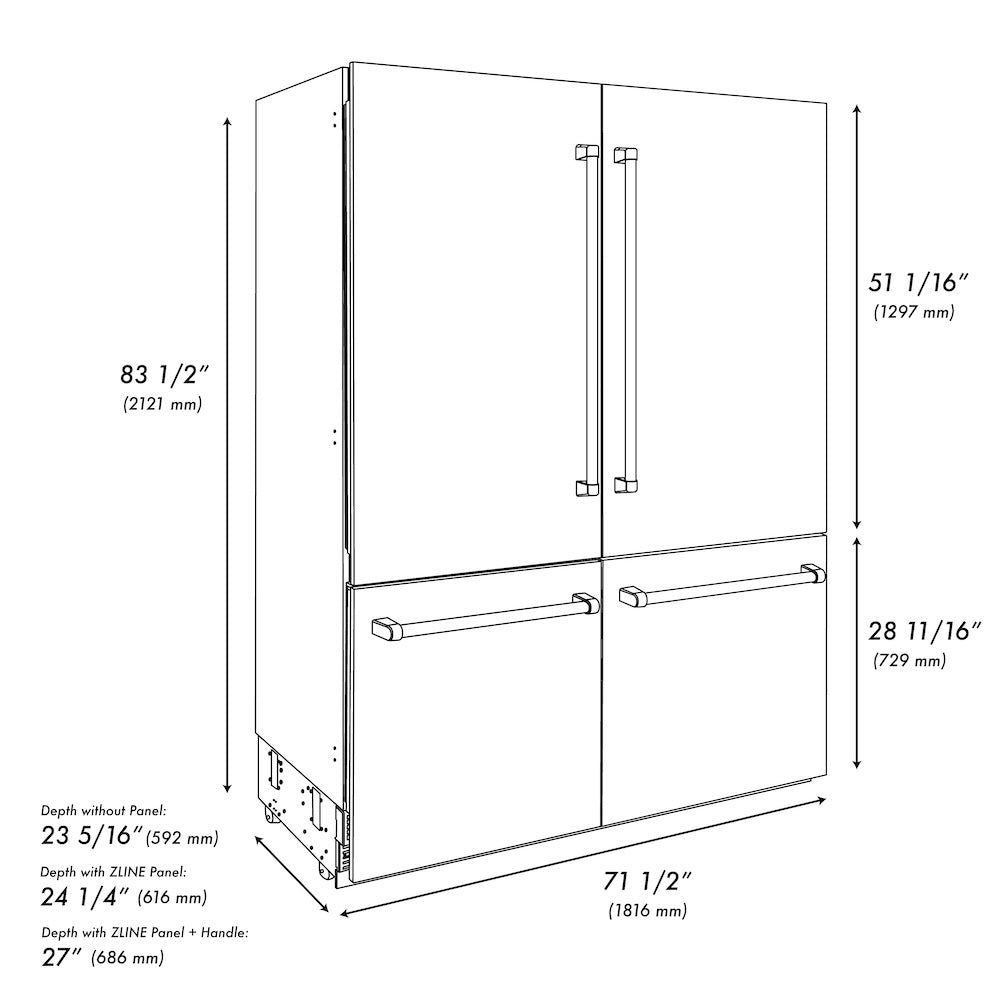 ZLINE 72 Inch 39.6 Cu Ft French Door Built-In Bottom Freezer Refrigerator with Water Dispenser & Ice Maker - Satin Stainless Steel & Graphite Gray Interior (GRBIT SN 72) - Perfect for Modern Kitchens & Open Concept Homes