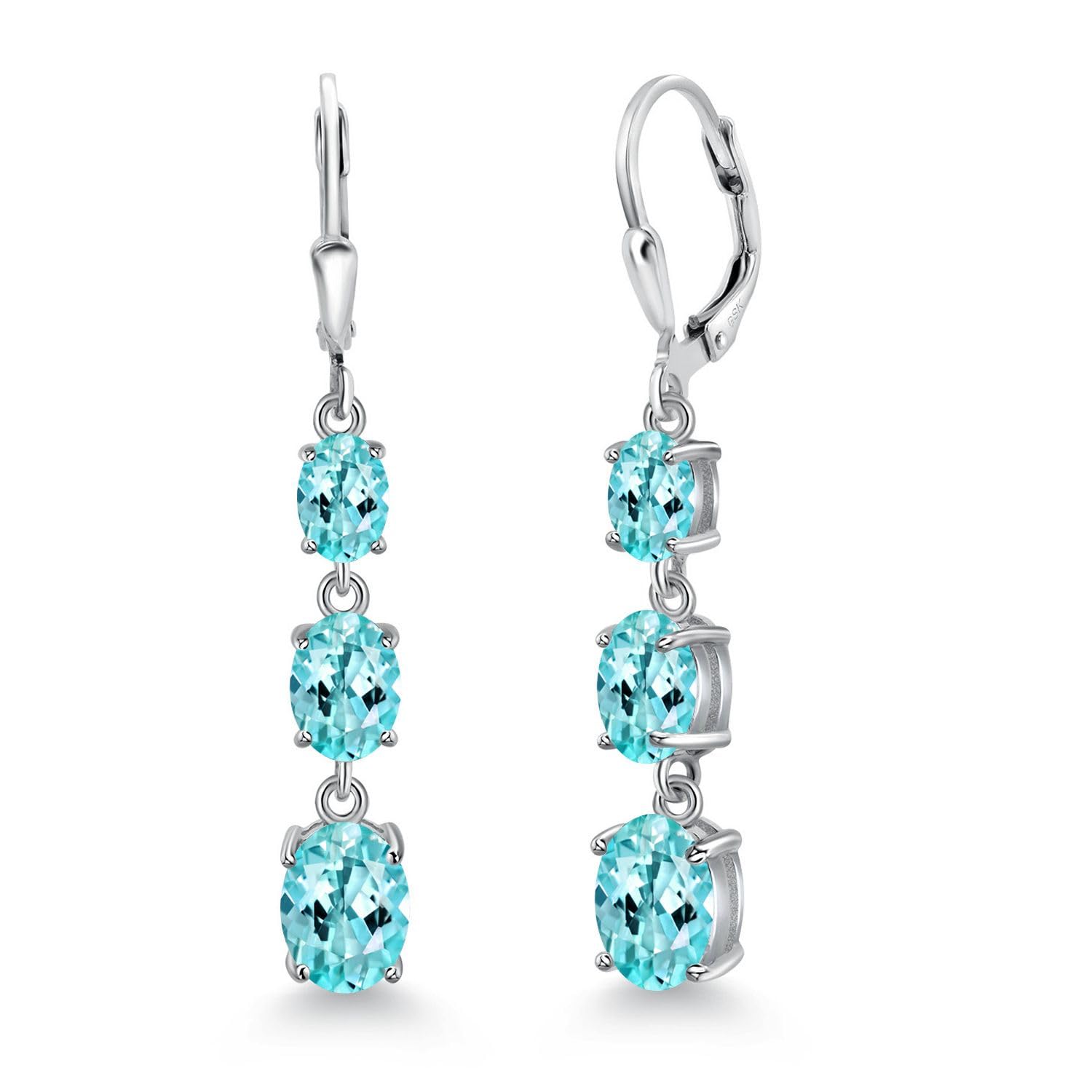Gem Stone King 3-Stone Leverback Drop Dangle Earrings for Women - 925 Sterling Silver Birthstone Jewelry | Oval 8x6mm, 7x5mm & 6x4mm Gemstones | Elegant Gift for Mom, Wife, Her | Perfect for Birthdays, Anniversaries & Special Occasions