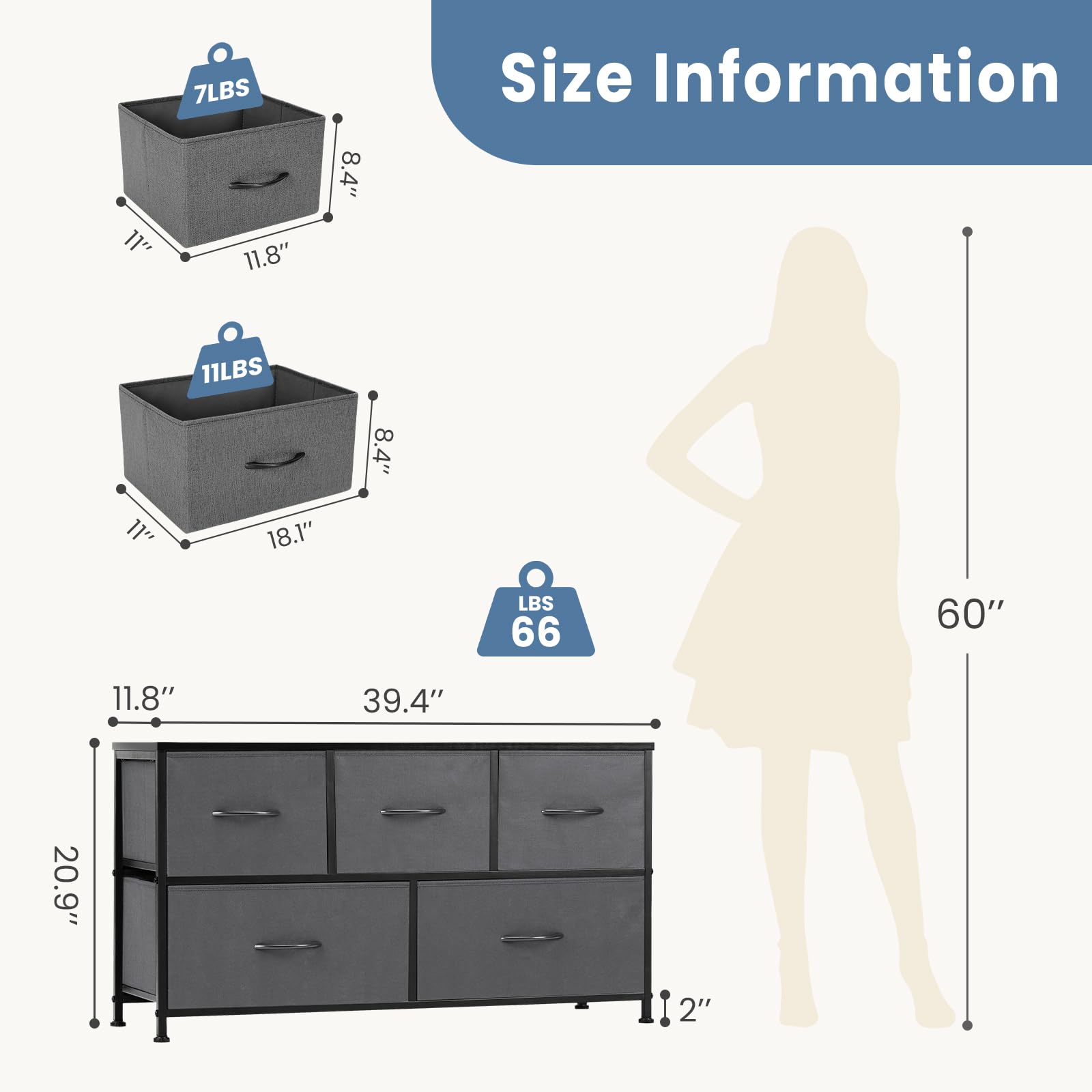 DUMOS 5-Drawer Dresser for Bedroom Storage - Wide Fabric Closet Organizer with Wooden Top & Metal Frame - Perfect for Clothes, Guest Room, Living Room, Hallway & Entryway - Ideal for Small Space Organization & Home Decor