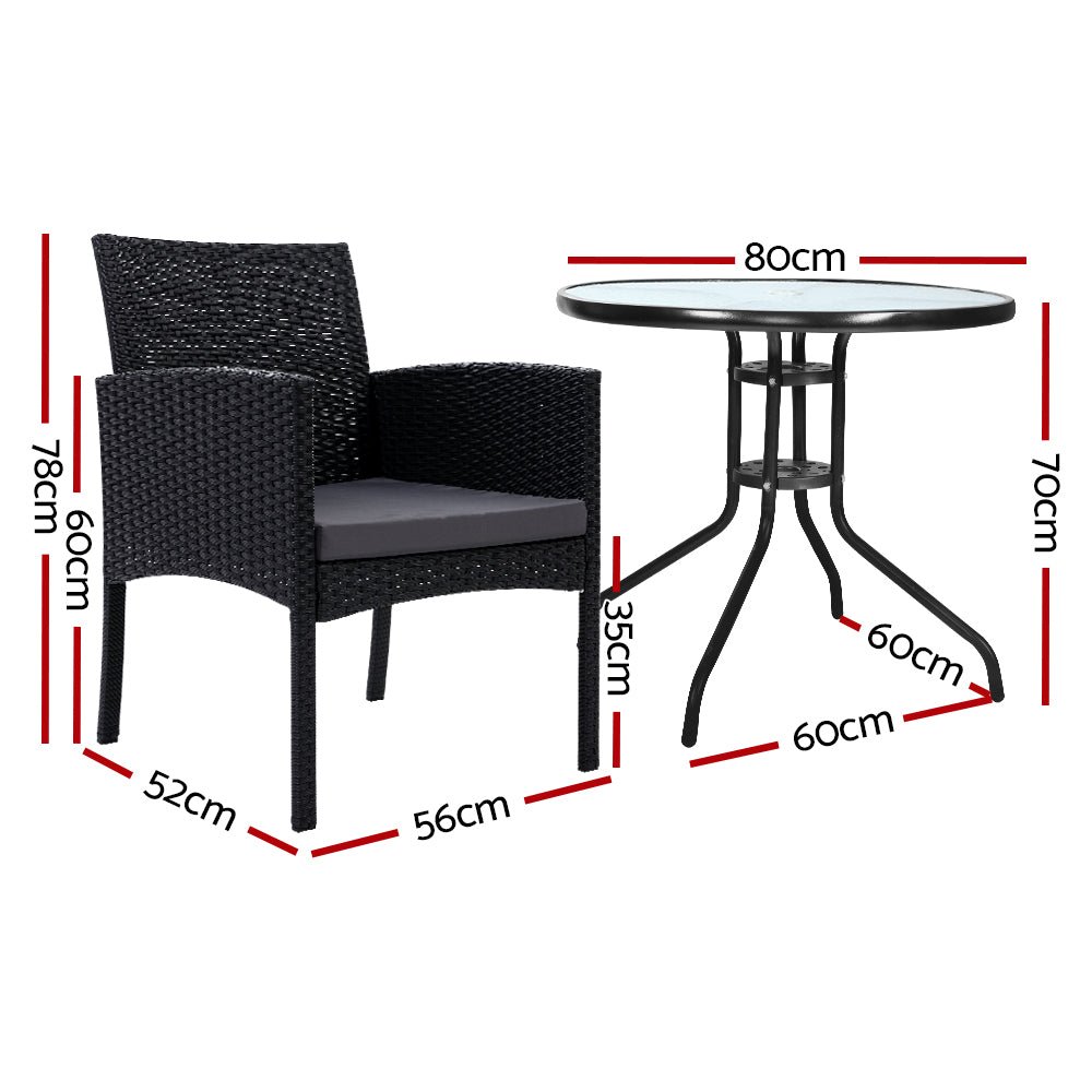 3-Piece Bistro Set Outdoor Patio Furniture - Rattan Table with 2 Chairs & Cushions for Garden, Balcony, Backyard Dining & Relaxation