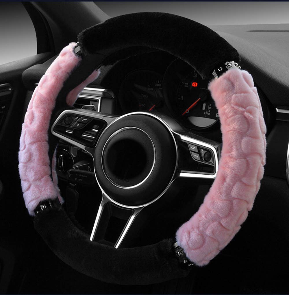 Premium Fuzzy Fur Heated Steering Wheel Cover - Universal 15 Inch Pink Winter Car Accessory with Warm Stitching for Cold Weather Driving | Cozy & Safe Grip in Snowy Conditions