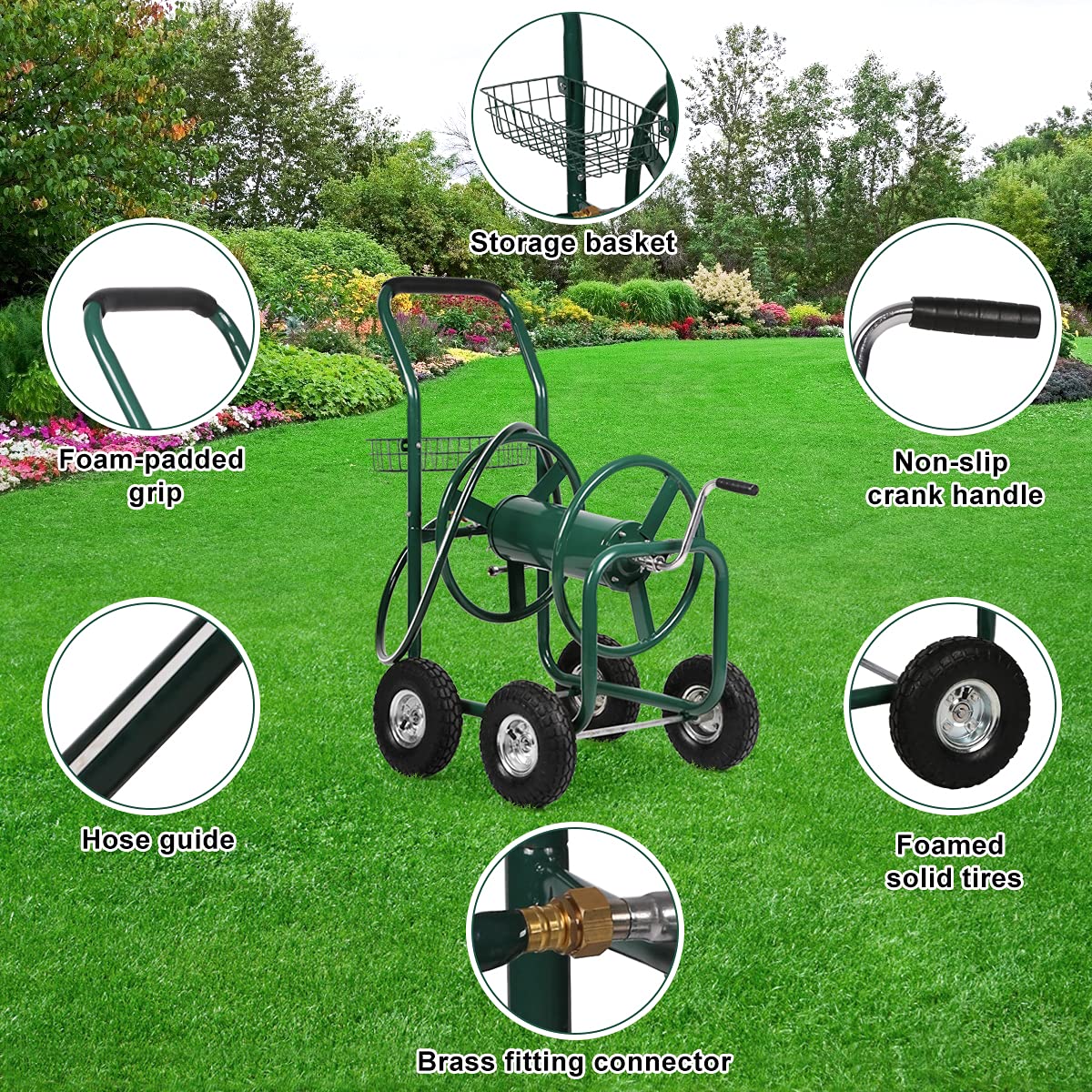 Heavy Duty Portable Hose Reel Cart with 4 Wheels - 300ft Capacity for 5/8-Inch Garden Hose | Outdoor Yard, Lawn & Garden Watering Solution with Storage Basket | Perfect for Residential Landscaping, Farm Irrigation & Commercial Use