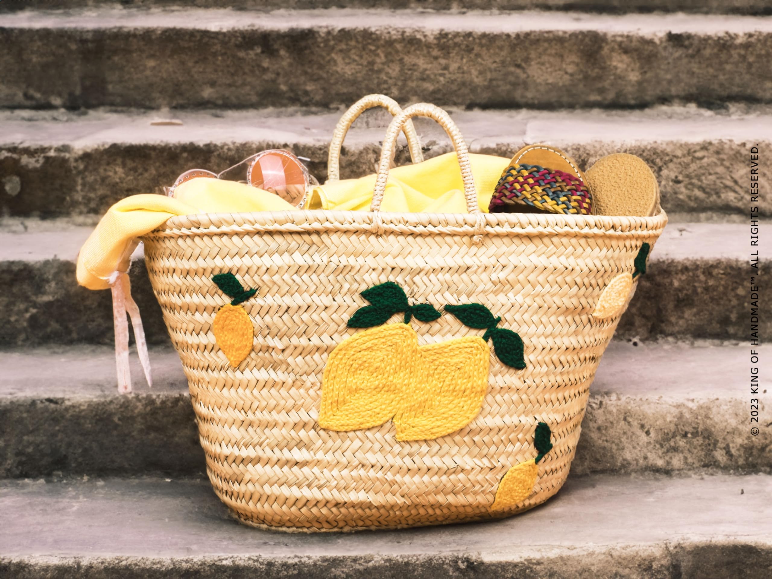 Italian-Inspired Lemon Print Woven Straw Beach Tote Bag for Women - Large Summer Vacation Beach Bag with Vibrant Colors - Perfect for Beach Trips, Poolside Lounging, and Outdoor Picnics