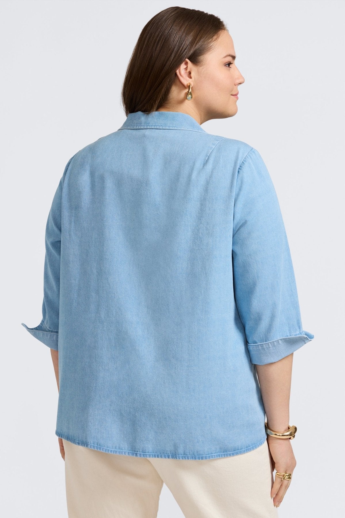 Agnes Plus Women's Tencel® Denim 3/4 Sleeve Popover Shirt - Soft Stretch Eco-Friendly Blouse for Casual Wear & Office Outfits