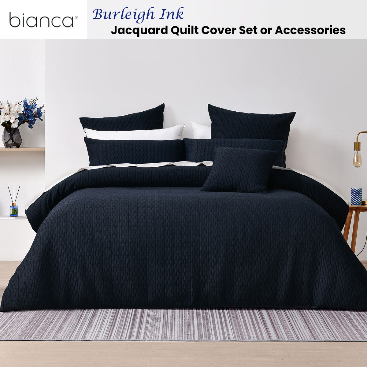 Bianca Burleigh Ink Jacquard King Size Quilt Cover Set - Luxury Bedding for Master Bedroom & Guest Room Decor