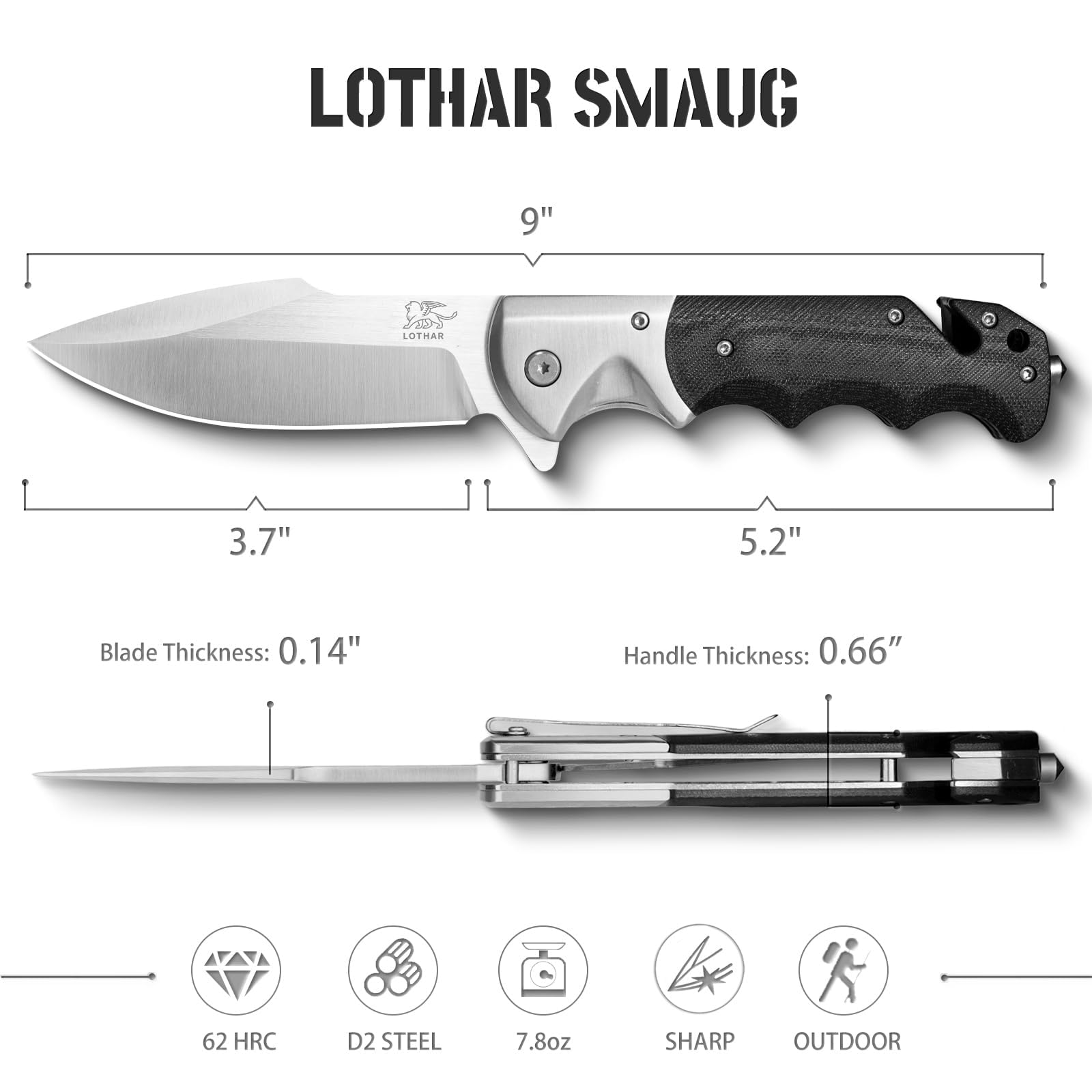 LOTHAR SMAUG 3.7 Inch D2 Steel Folding Pocket Knife with Clip - Tactical Survival Knife with G10 Handle & Glass Breaker - EDC Knife for Men Women - Perfect for Camping, Hiking, Outdoor Adventures & Valentine's Day Gifts