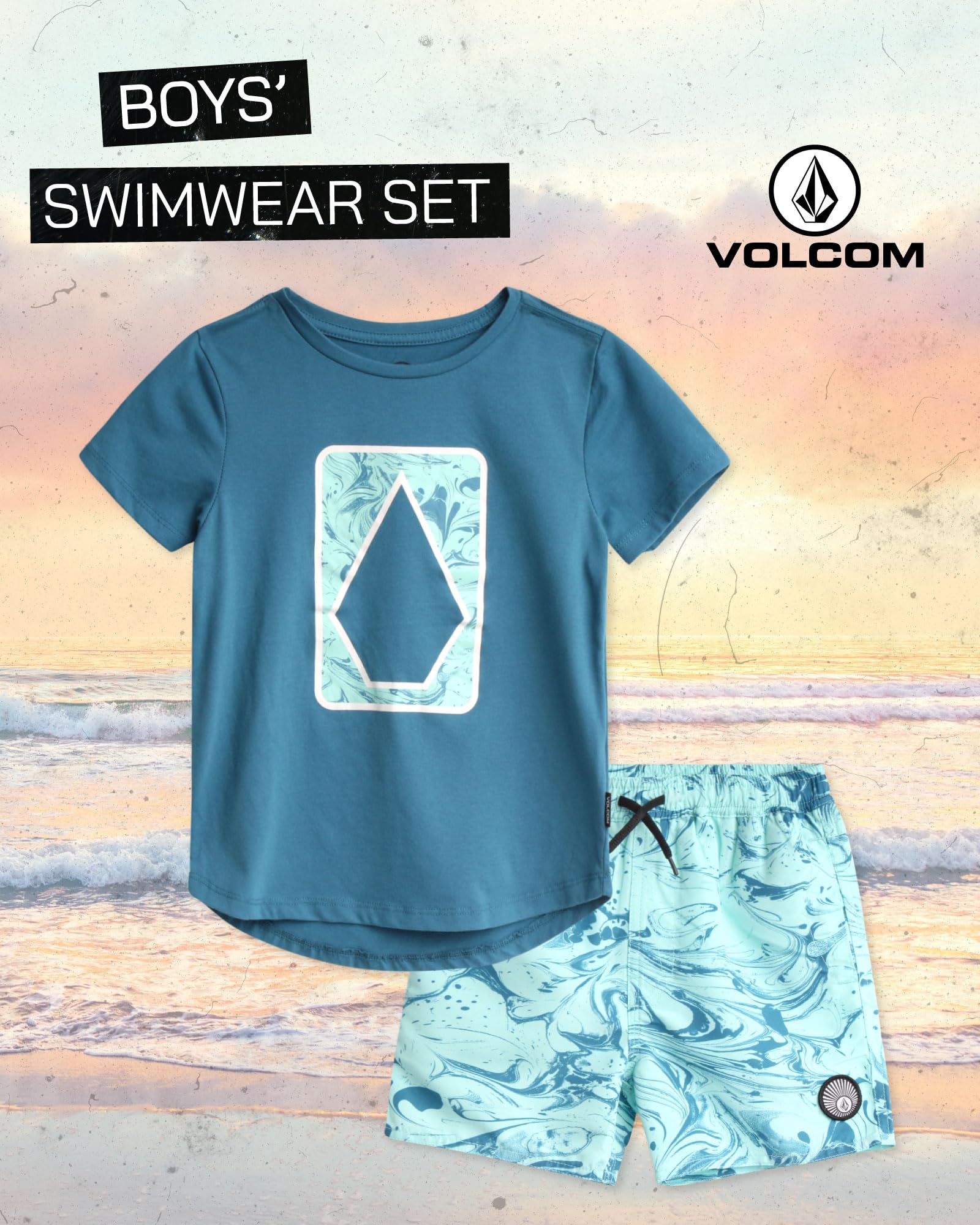 Volcom Boys' 2-Piece Swim Set - Short Sleeve T-Shirt & Boardshorts Trunks for Swimming, Beach & Pool (2T-7) - Comfortable Kids Swimwear for Summer Activities