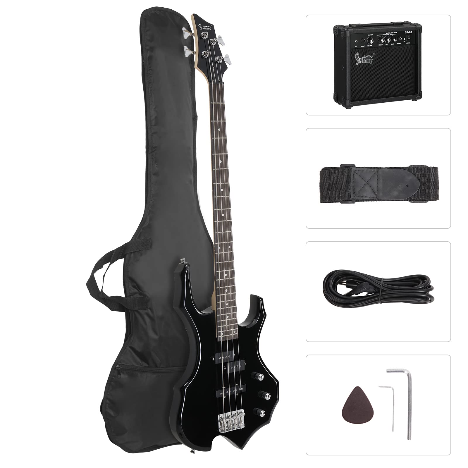 GLARRY Electric Bass Guitar 4 Strings - Burning Fire Style with Single Coil & Split Pickups for Beginners & Adults (Right Hand) - Includes 20W Amp, Gig Bag, Strap & Cable (Black) - Perfect for Rock, Metal & Live Performances