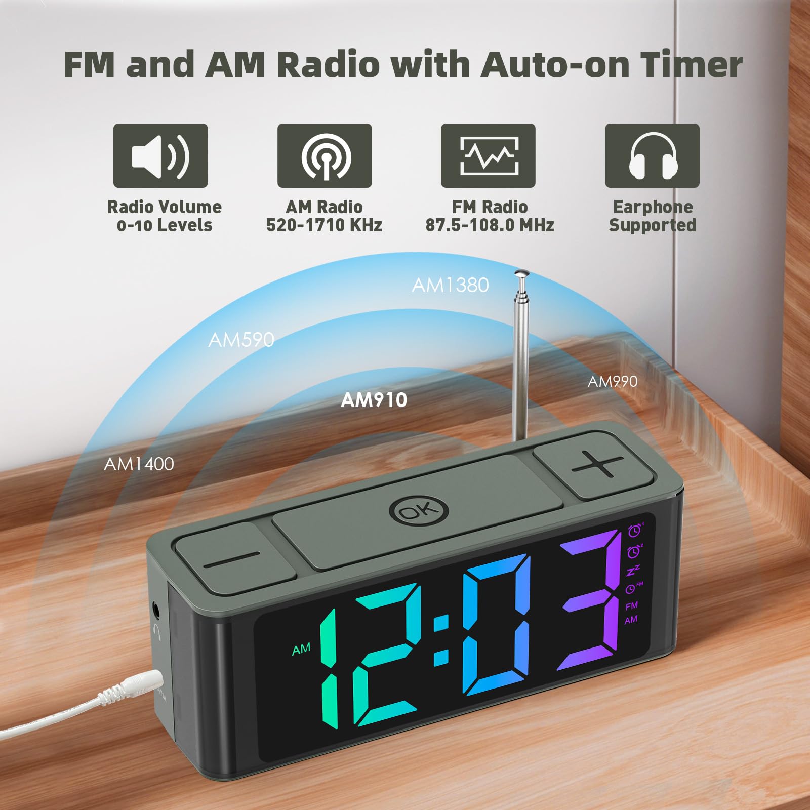 I·CODE Digital Alarm Clock with AM/FM Radio - Auto-On Timer, Dual Alarm, Snooze Function, Loud Alarm & Large RGB Display - Big Button Design for Easy Use - Perfect for Bedroom, Office, Dorm Room or Travel
