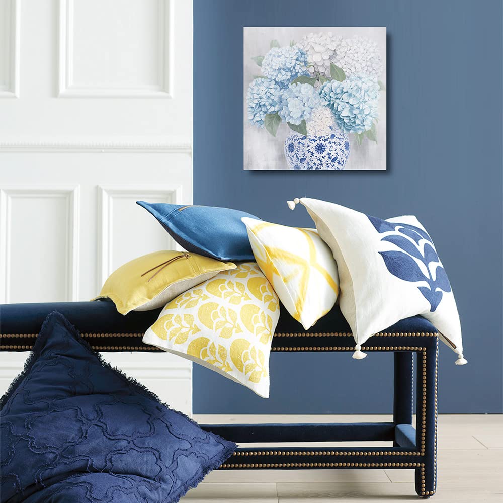 Blue and White Chinoiserie Hydrangea Canvas Wall Art - Oriental Chinese Porcelain Vase Flower Painting - 12x12 Inch Framed Print for Bedroom, Bathroom, Living Room Decor - Perfect for Home, Office & Gift Giving
