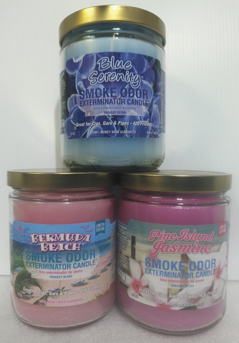 Smoke Odor Eliminator Candle Set - 3 Pack (13oz) with Blue Serenity, Bermuda Beach & Pine Island Jasmine Scents | Home Air Freshener for Living Room, Bedroom & Bathroom | Long-Lasting Fragrance for Relaxation & Stress Relief