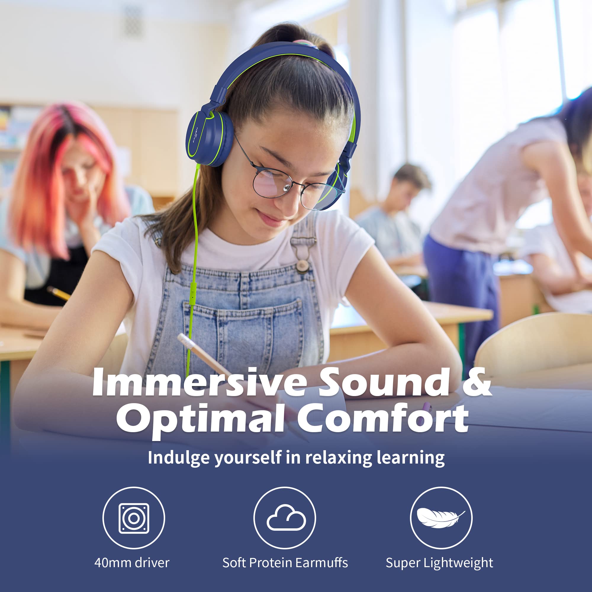 AILIHEN I35 Kids Headphones with Microphone - Volume Limited 93dB Safe Sound, Lightweight Foldable Wired Headset for Children, Girls & Boys - Compatible with Chromebook, Cellphones, Tablets (Blue Green) - Perfect for Online Classes, Homeschooling & Travel