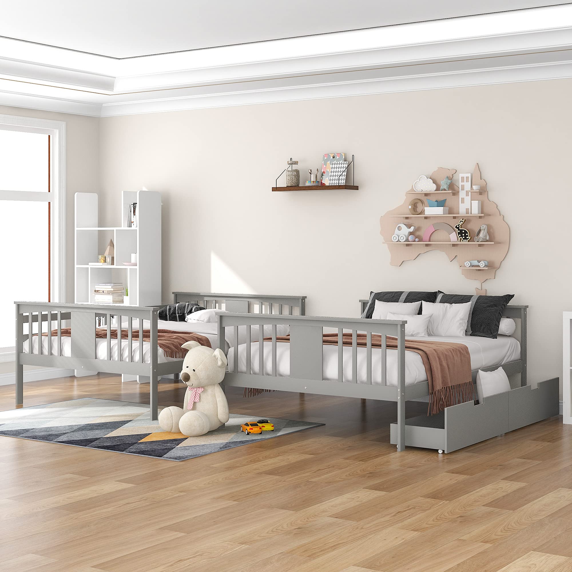Harper & Bright Designs Full Over Full Bunk Bed with Drawers - Solid Wood Bunk Bed Frame with Ladder & 2 Storage Drawers, Gray - Space Saving Kids Bedroom Furniture for Siblings or Sleepovers