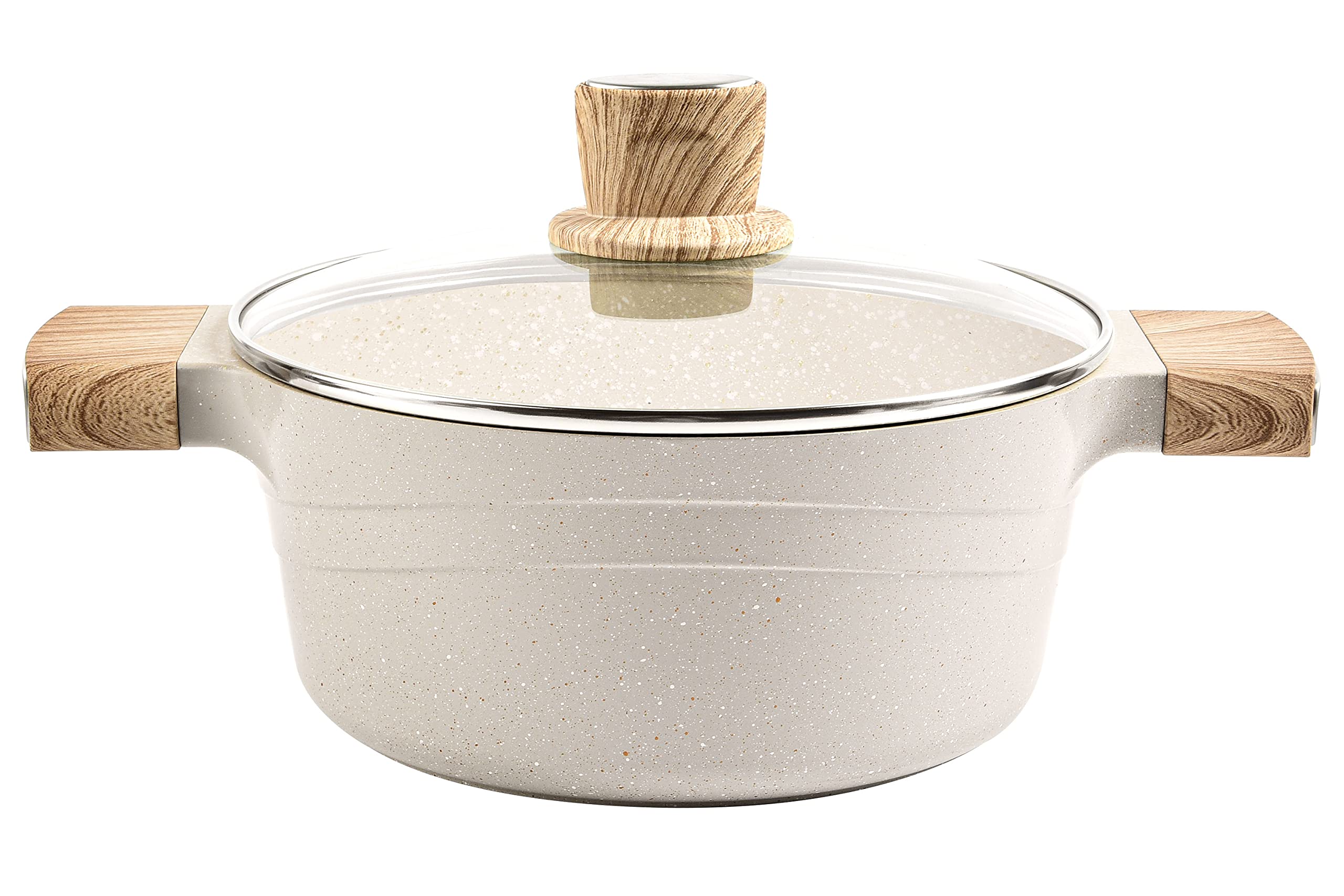 Caannasweis 5 Quart Nonstick Stock Pot with Lid - Granite Coated Healthy Cooking Pot for Pasta, Soup & Induction Stoves - Wood Grain Handle Beige Cookware - Perfect for Home Kitchens, Meal Prep & Family Dinners