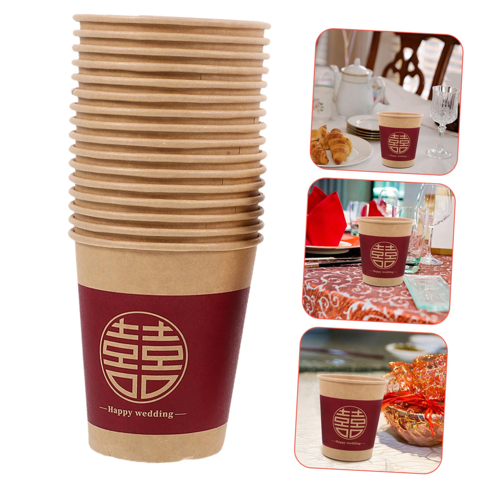 ULTECHNOVO 100 Pcs Happy Wedding Paper Cups - Double Wall Disposable Red Party Cups for Wedding, Holiday & Celebration (Xi Design) - Perfect for Bridal Showers, Receptions & Festive Gatherings