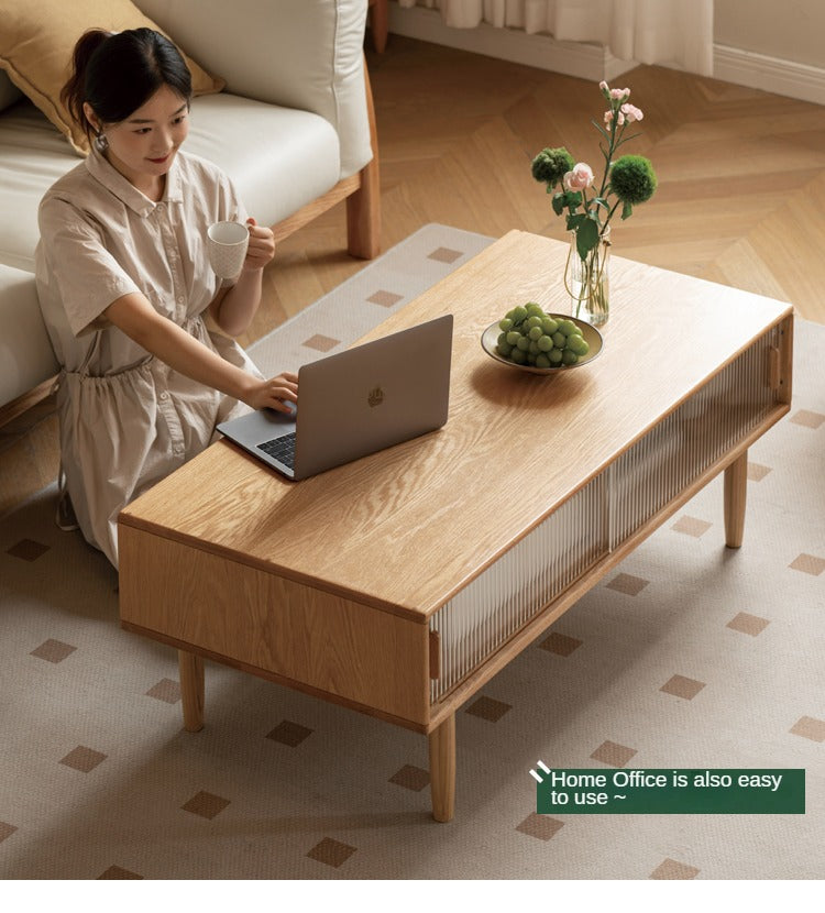 Solid Oak and Beech Wood Coffee Table with Glass Doors - Modern Living Room Furniture for Home Decor and Entertainment