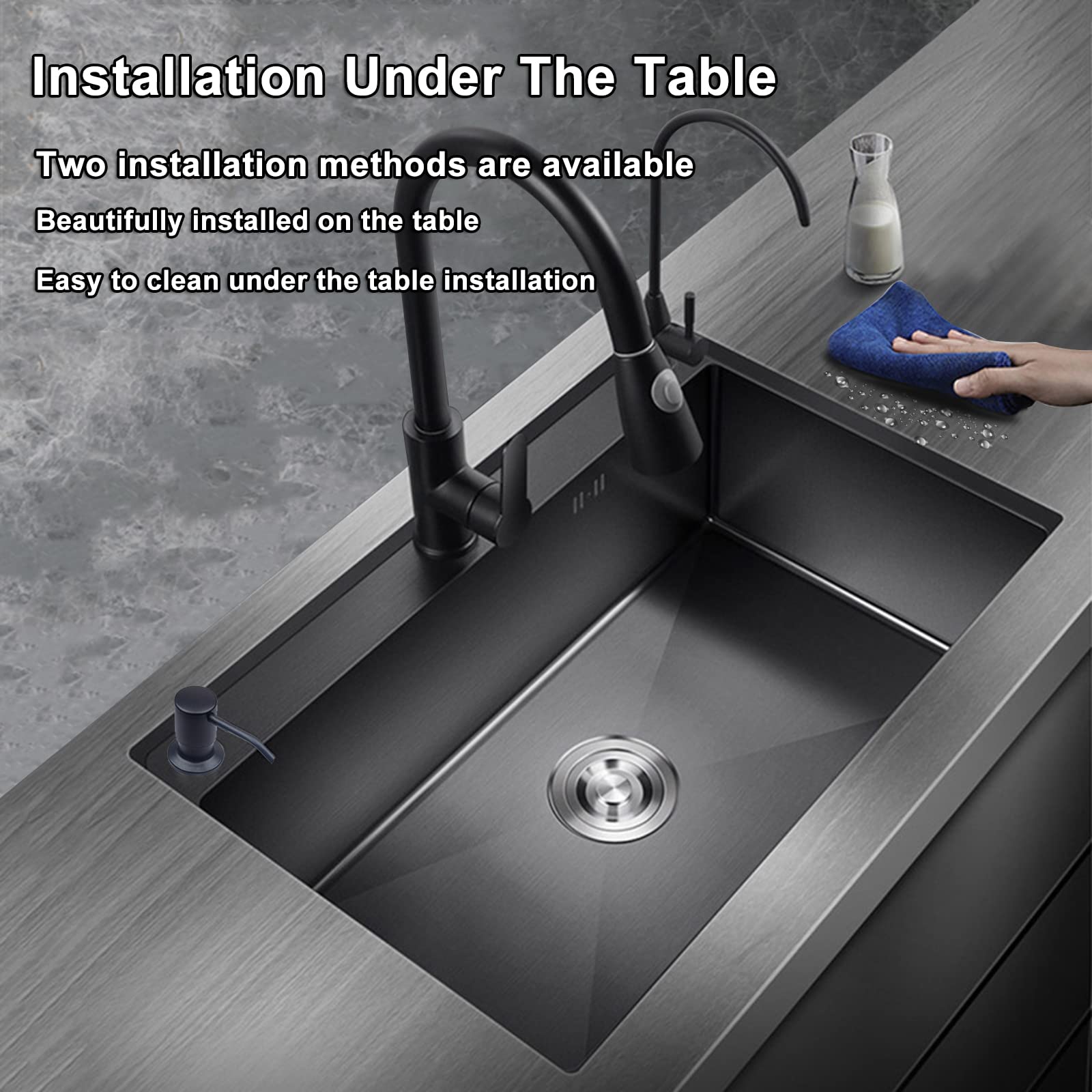Undermount Single Bowl Kitchen Sink with Faucet - 304 Stainless Steel Large Capacity Black Nano Coating - Durable Thick Design for Home Use - Perfect for Cooking, Washing Dishes & Food Prep