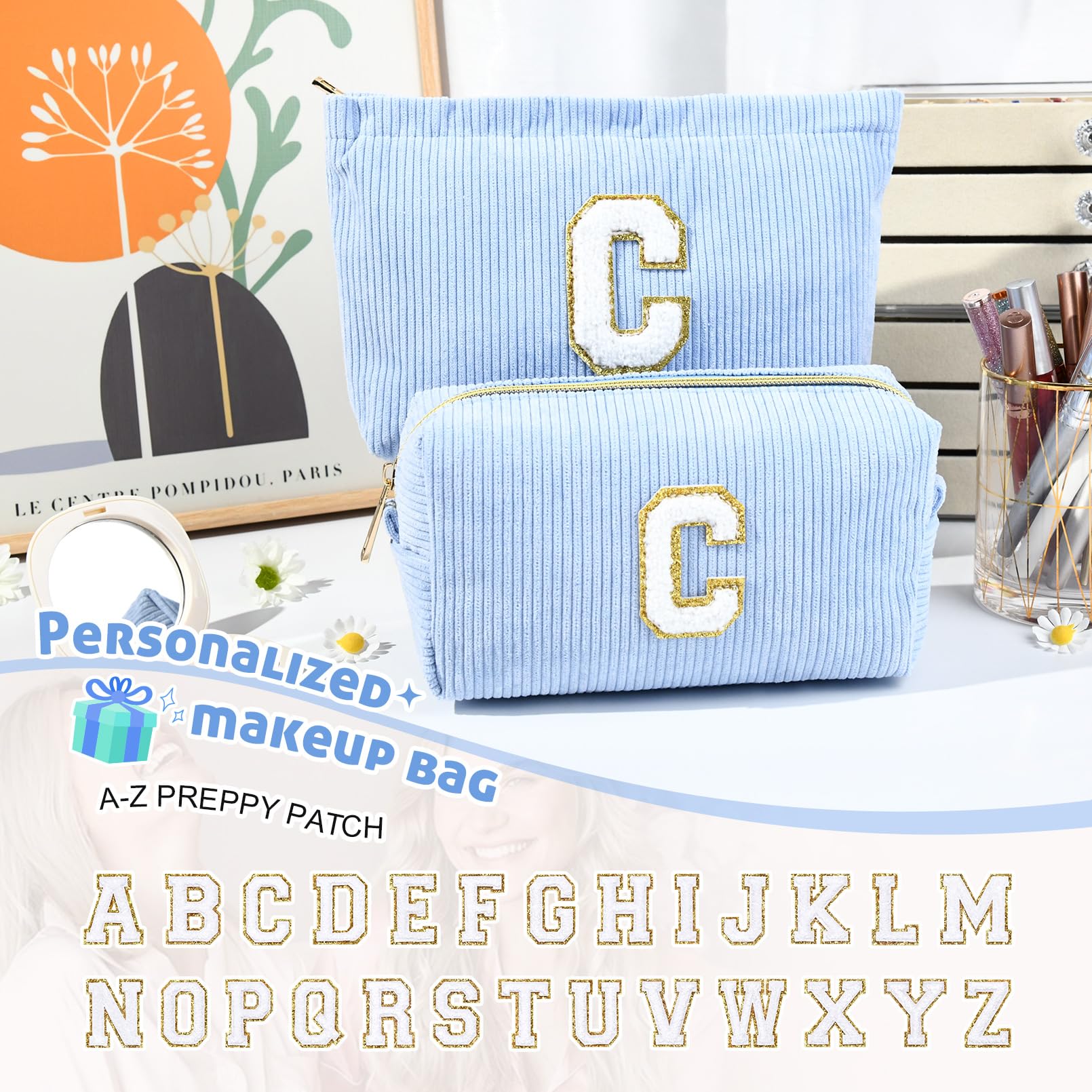 2PCS Personalized Initial Makeup Bag Set - Cute Cosmetic Pouch & Travel Toiletry Organizer for Women | Perfect Gift for Mom, Girlfriend, Wife, Teacher on Mother's Day, Birthday, Christmas | Great for Travel, Gym, Daily Makeup Storage