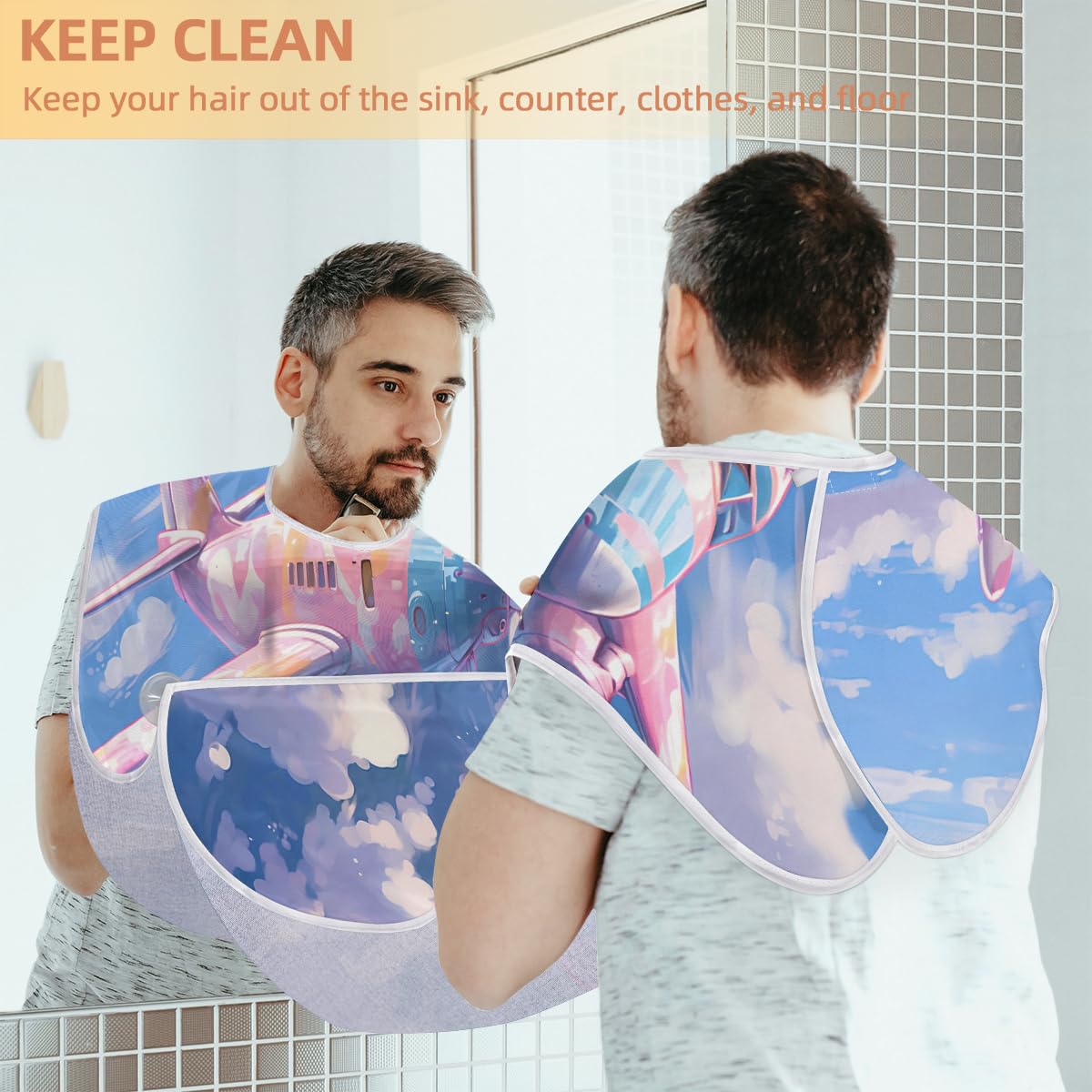 Pink Flying Airplane Beard Shaving Bib for Men - Waterproof Barber Apron for Hair Dye, Makeup & Styling - Sink Hair Catcher & Beard Trimming Accessory - Perfect Gift for Barbers & Grooming Enthusiasts (Great for Home Haircuts, Salon Use & DIY Grooming)