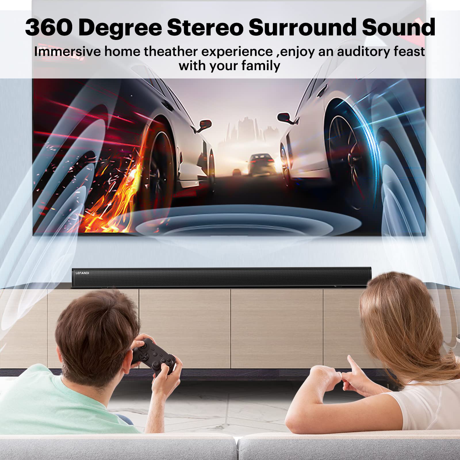 EFANDI 2.1 Channel TV Soundbar with Wireless Bluetooth 5.0 - Surround Sound System with Remote Control, HDMI ARC, AUX, USB, Optical & Coaxial Inputs for Smart TV, PC, Laptop, Smartphone - Perfect for Home Theater, Gaming & Music Streaming (Black)